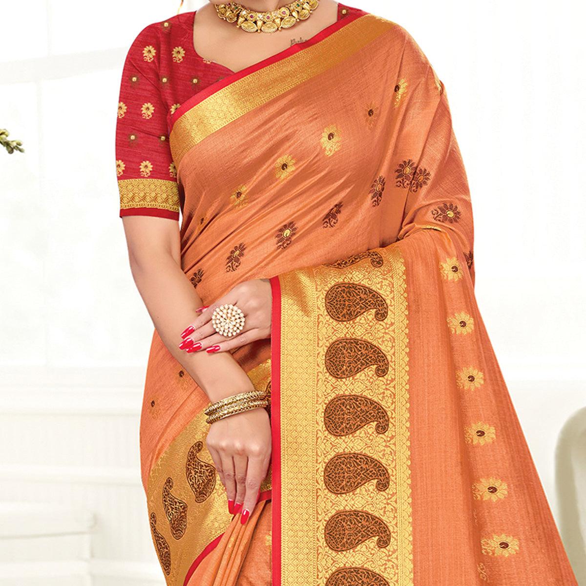 Peach Casual Wear Woven Cotton Handloom Saree - Peachmode