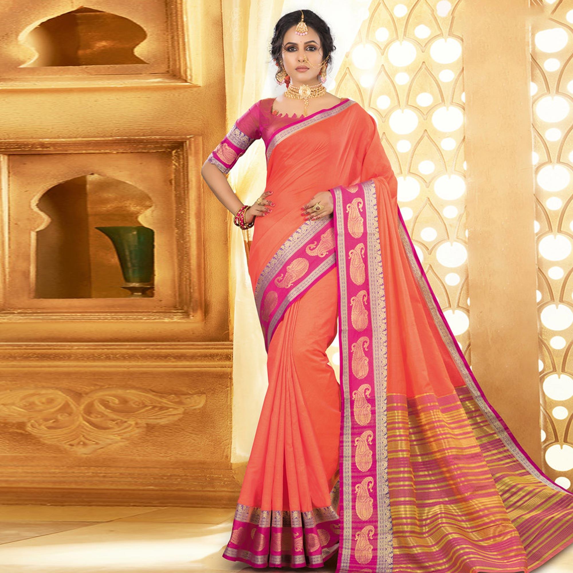 Peach Colored Festive Wear Woven Jute Saree - Peachmode