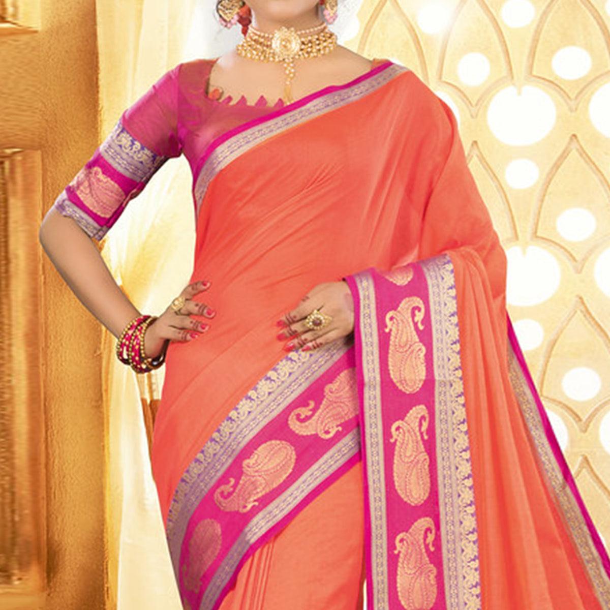 Peach Colored Festive Wear Woven Jute Saree - Peachmode
