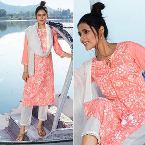 Peach Colored Printed Viscose Silk Kurti - Pant Set With Dupatta - Peachmode
