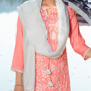 Peach Colored Printed Viscose Silk Kurti - Pant Set With Dupatta - Peachmode