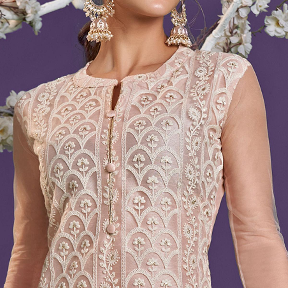 Peach Cotton Thread Embroidery With Sequence Net Partywear Suit - Peachmode