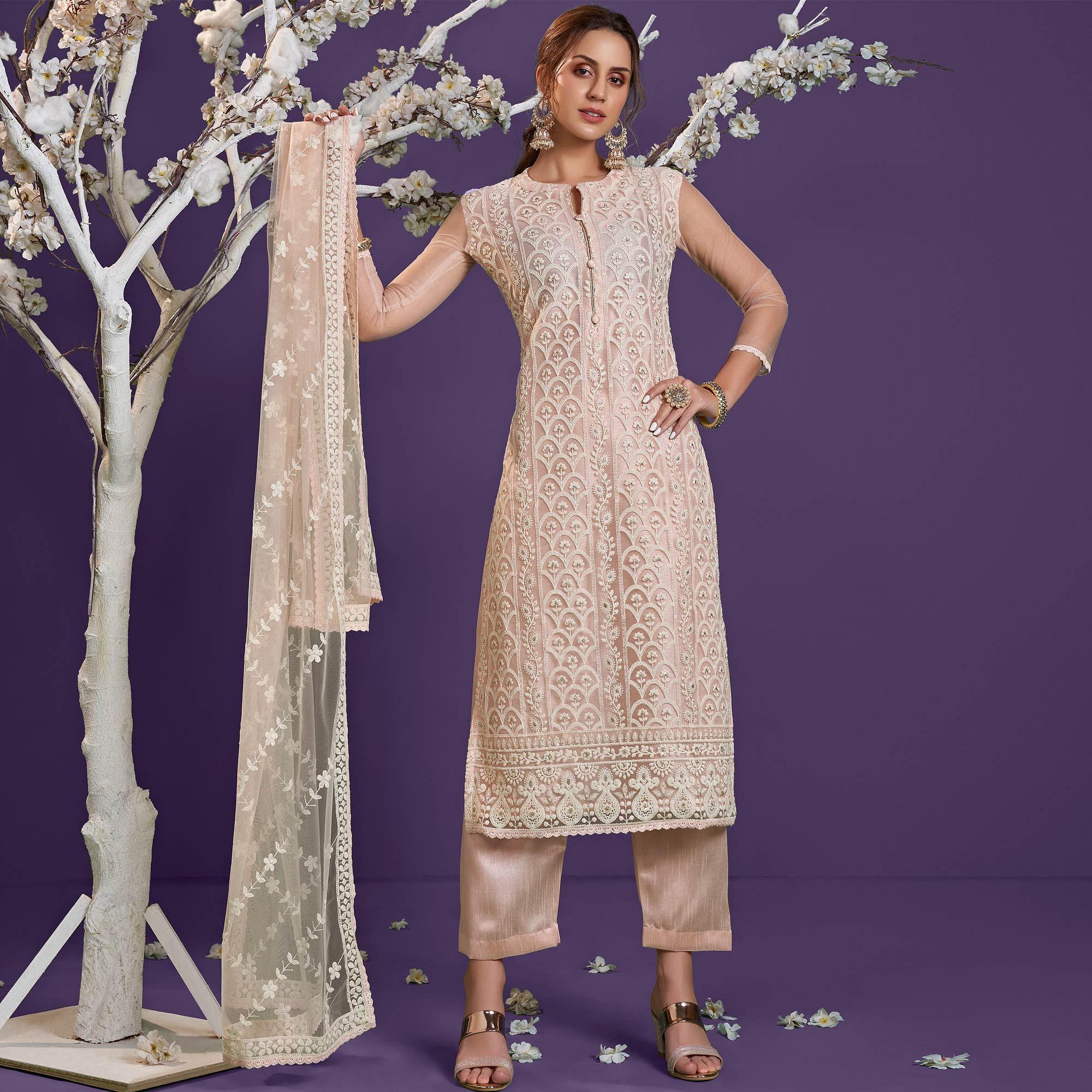 Peach Cotton Thread Embroidery With Sequence Net Partywear Suit - Peachmode