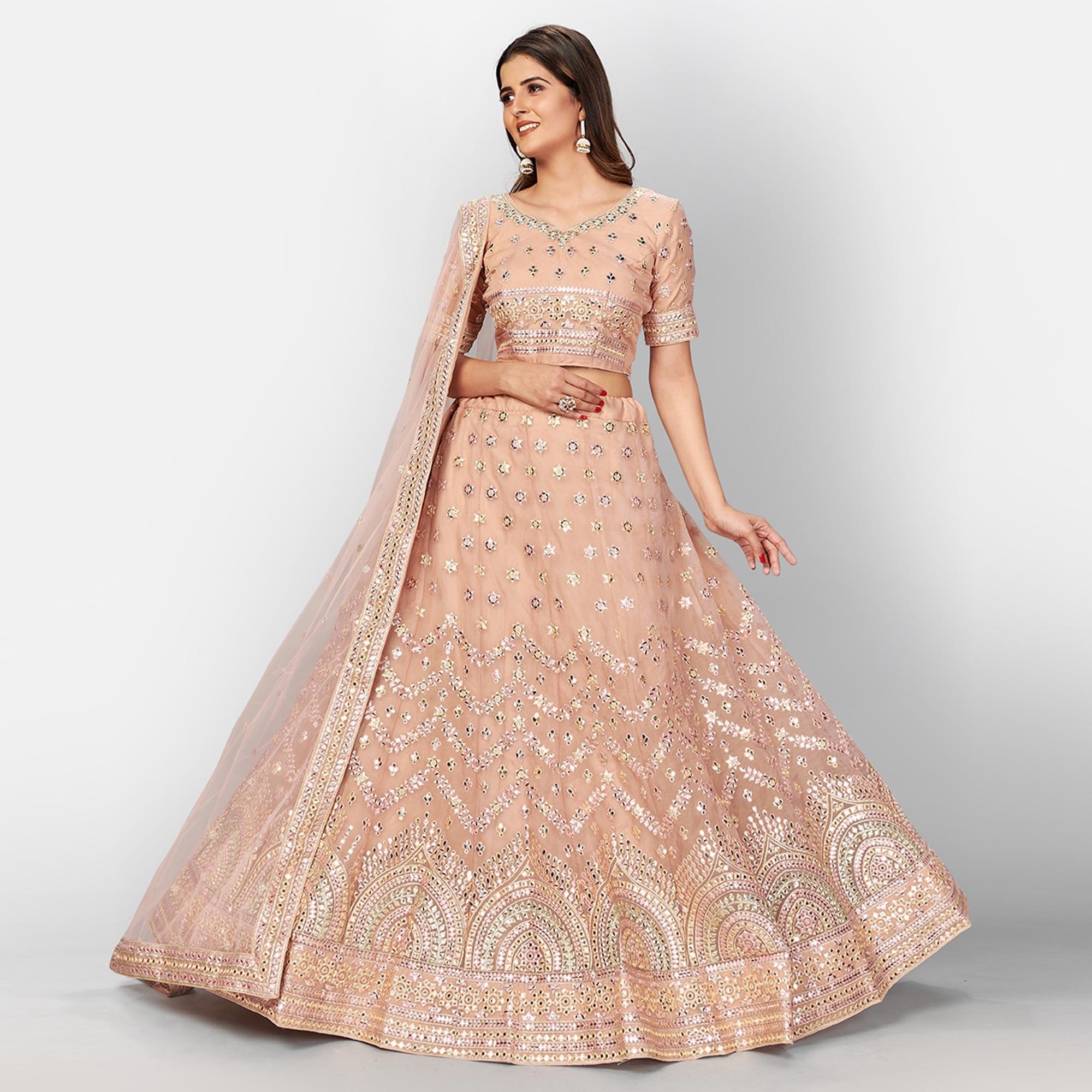 Peach Designer Wedding Wear Foil & Mirror Organza Lehenga Choli - Peachmode