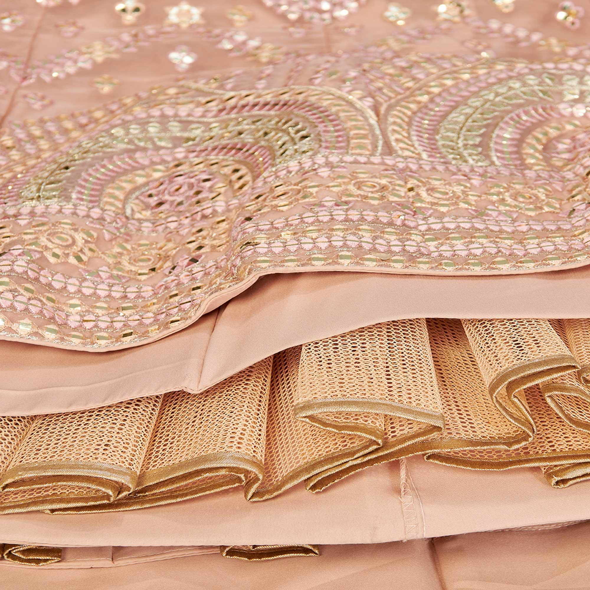 Peach Designer Wedding Wear Foil & Mirror Organza Lehenga Choli - Peachmode
