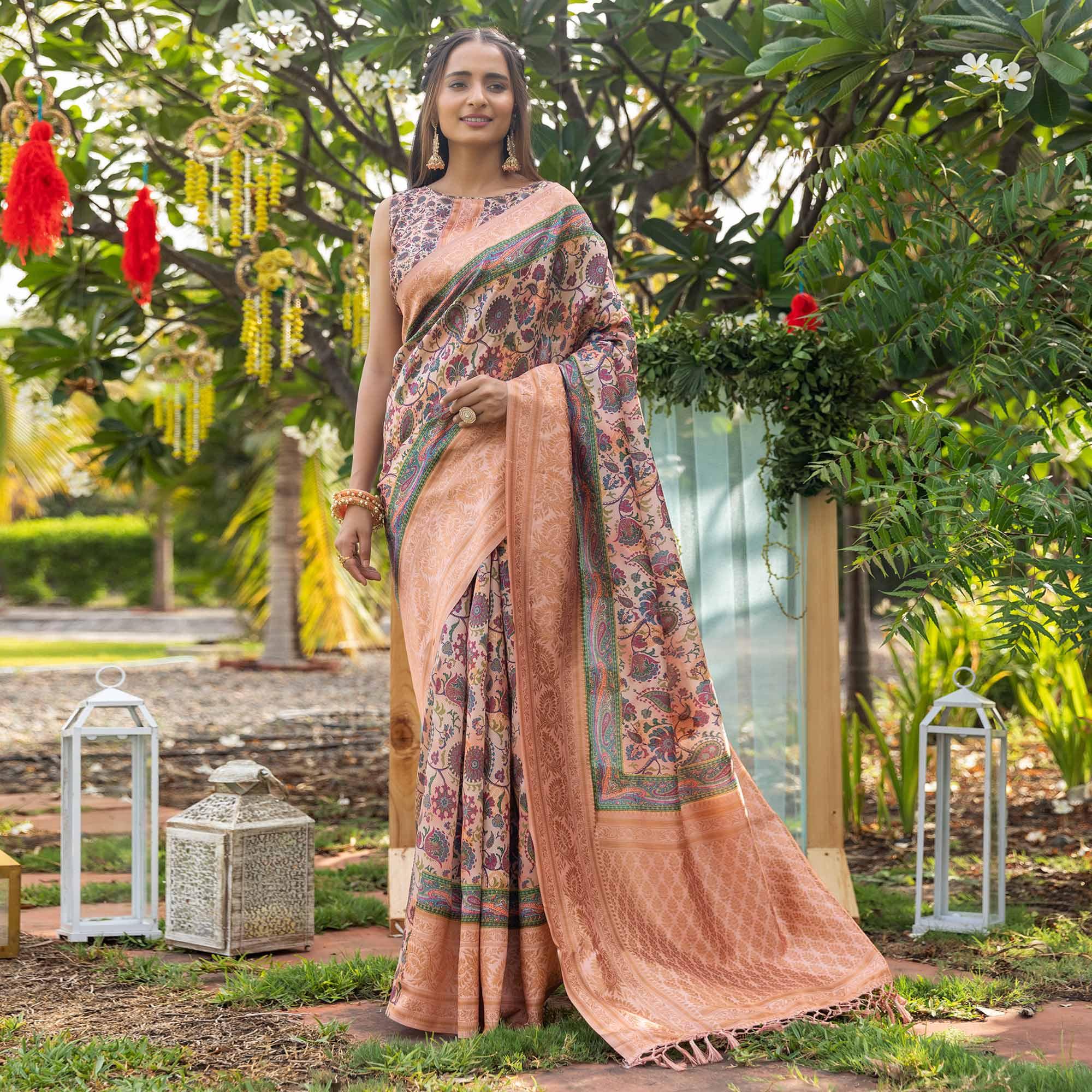 Peach Digital Printed Art Silk Saree - Peachmode