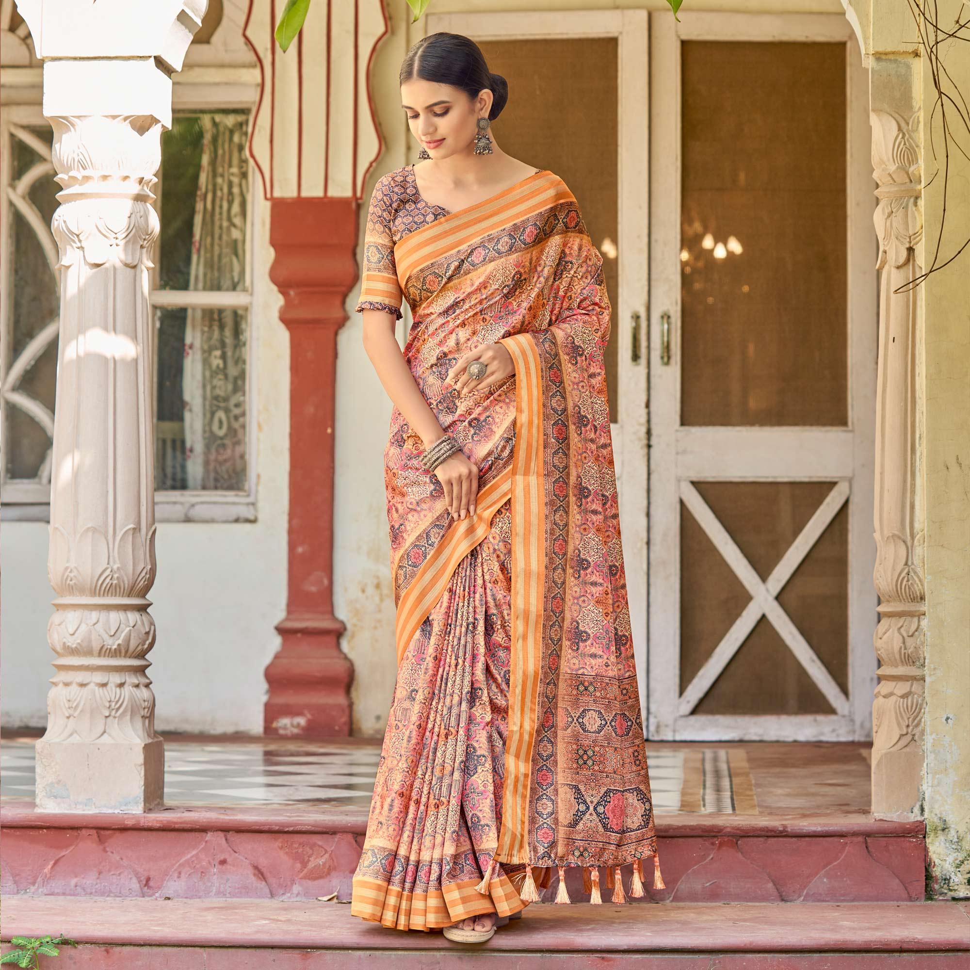 Peach Digital Printed Art Silk Saree - Peachmode