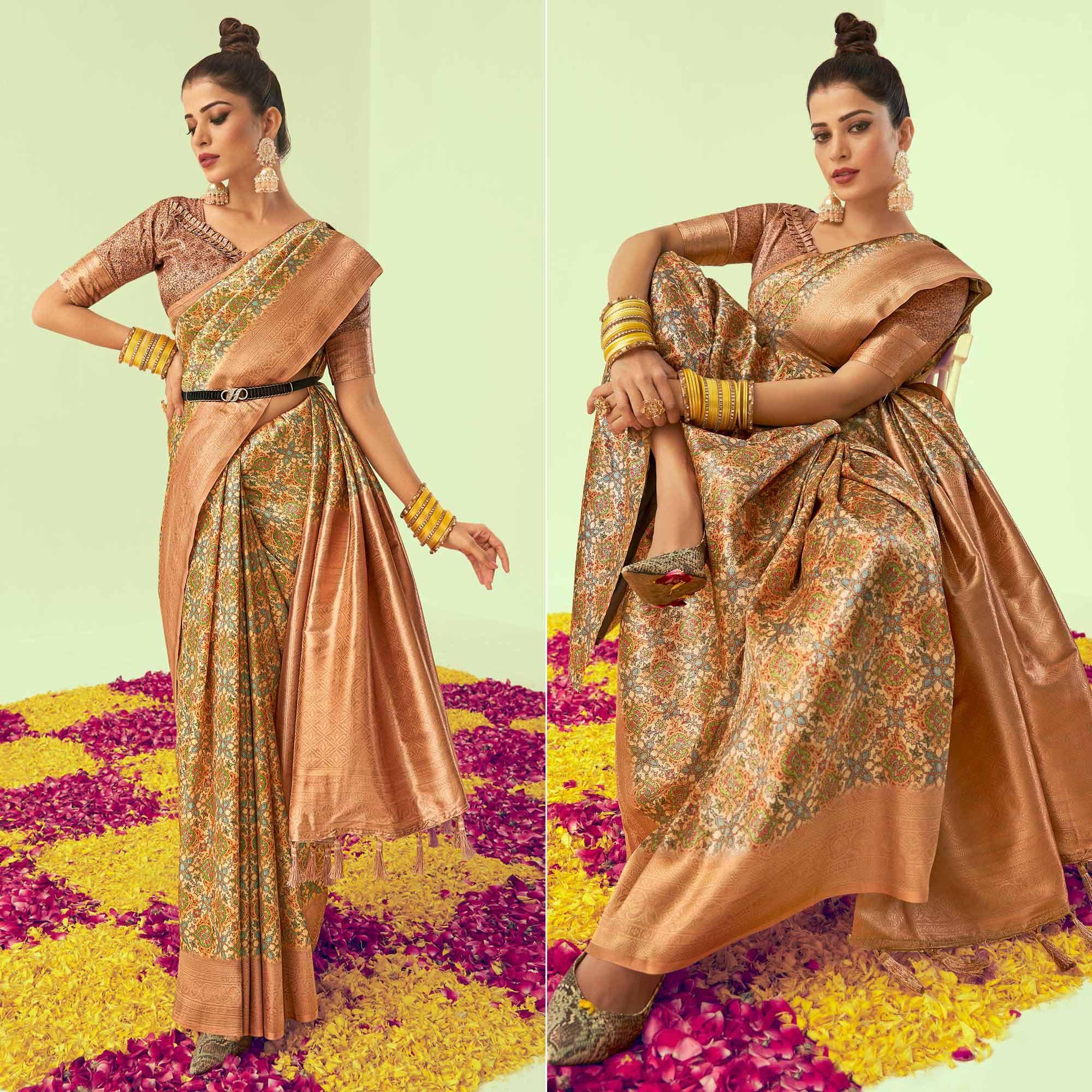 Peach Digital Printed Art Silk Saree With Tassels - Peachmode