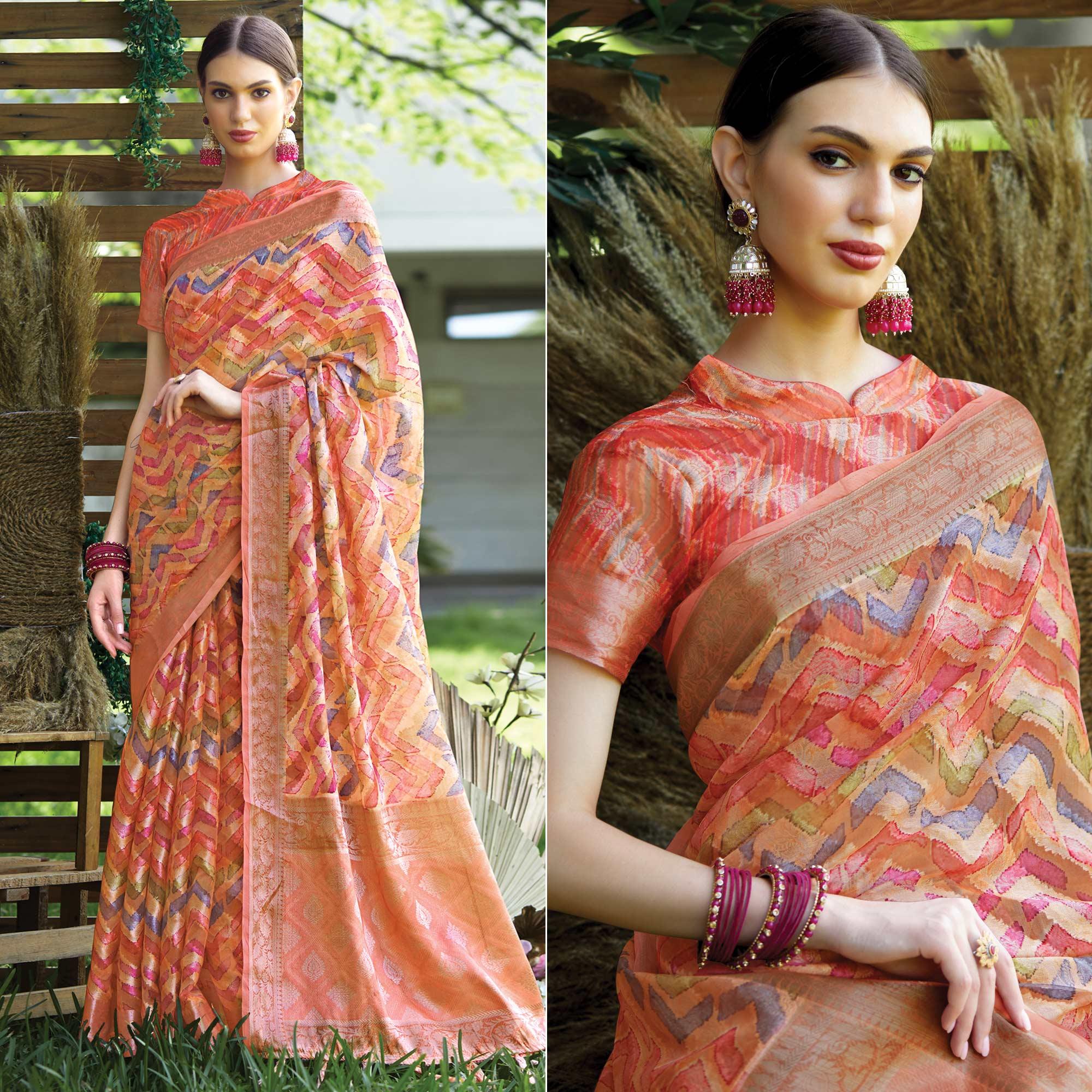 Peach Digital Printed Art Silk Saree With Tassels - Peachmode