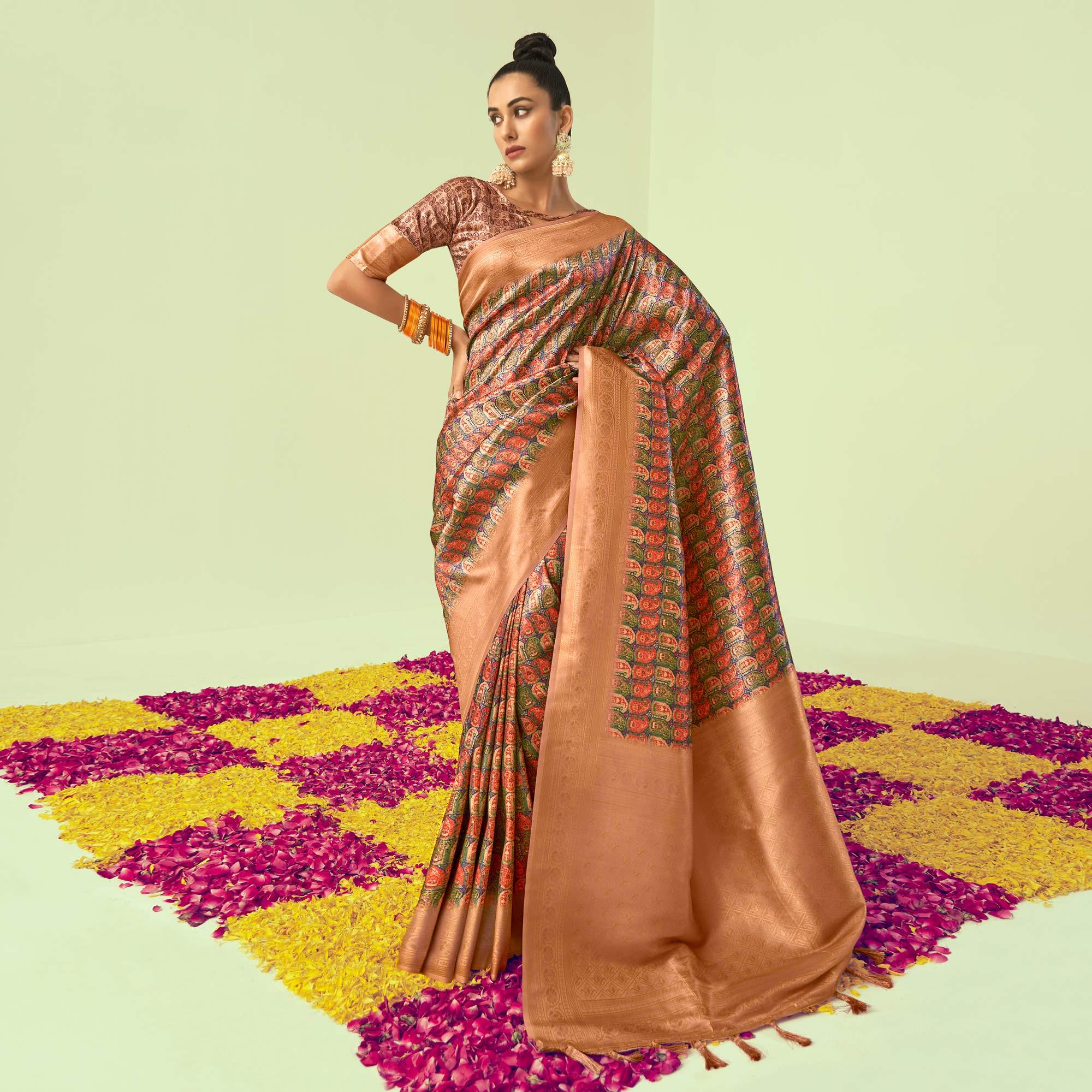 Peach Digital Printed Art Silk Saree With Tassels - Peachmode