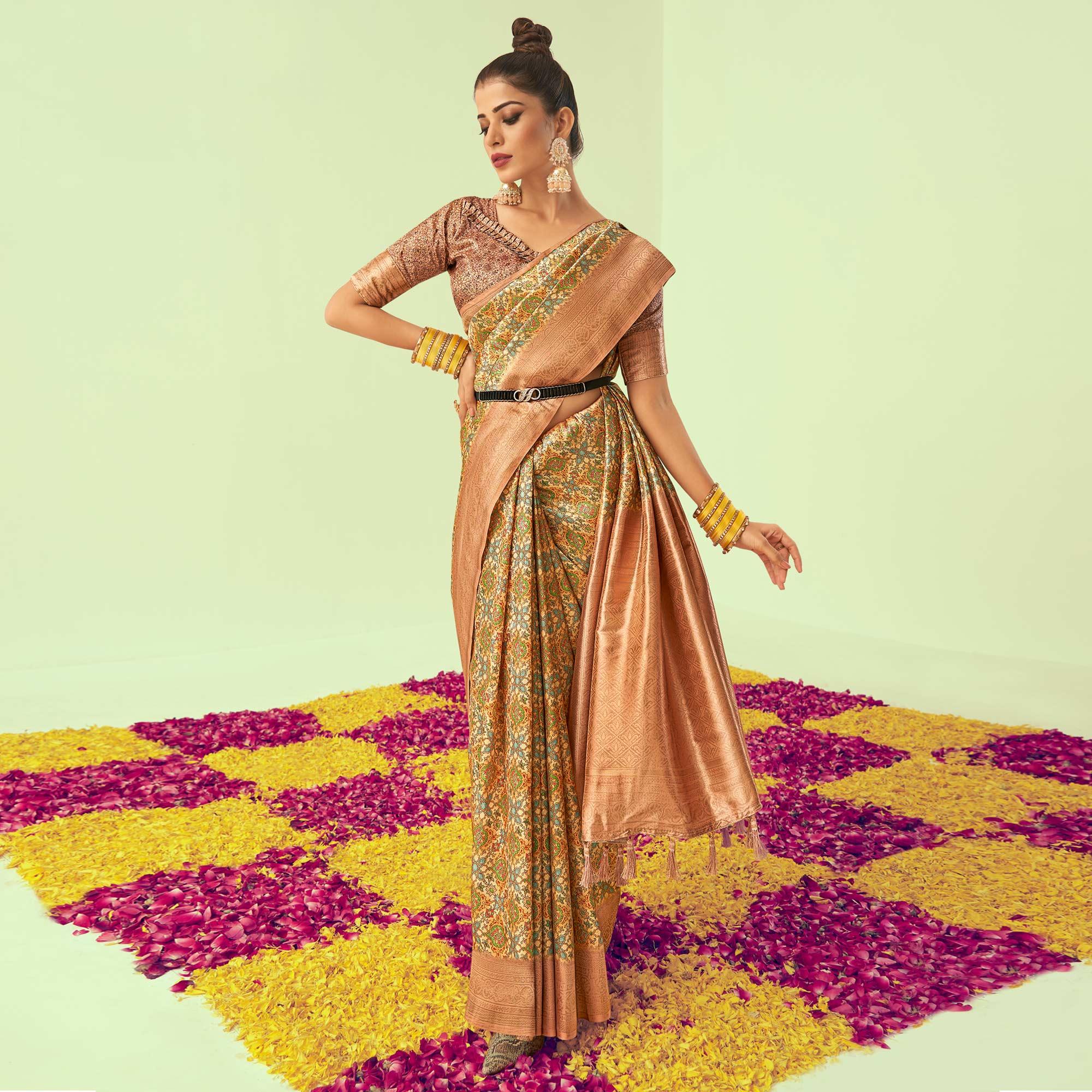 Peach Digital Printed Art Silk Saree With Tassels - Peachmode
