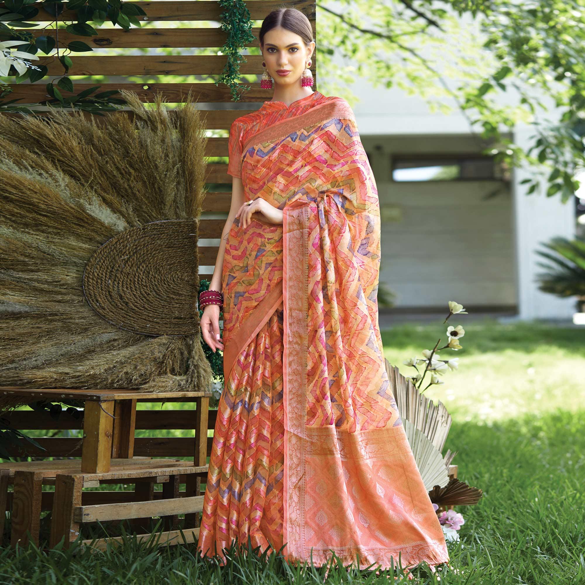 Peach Digital Printed Art Silk Saree With Tassels - Peachmode