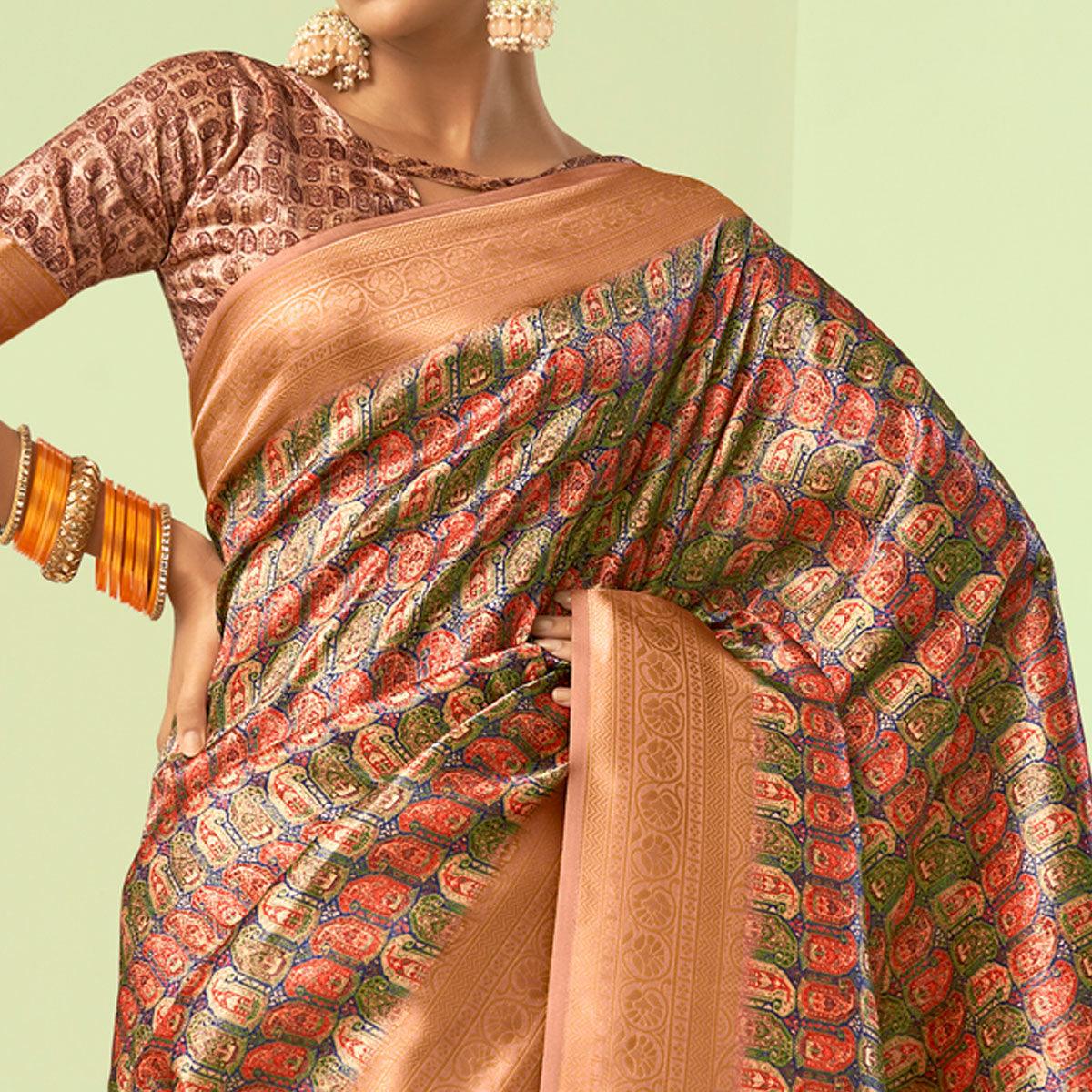 Peach Digital Printed Art Silk Saree With Tassels - Peachmode
