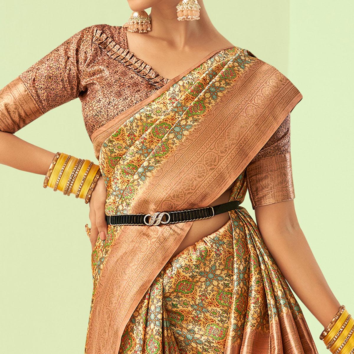 Peach Digital Printed Art Silk Saree With Tassels - Peachmode