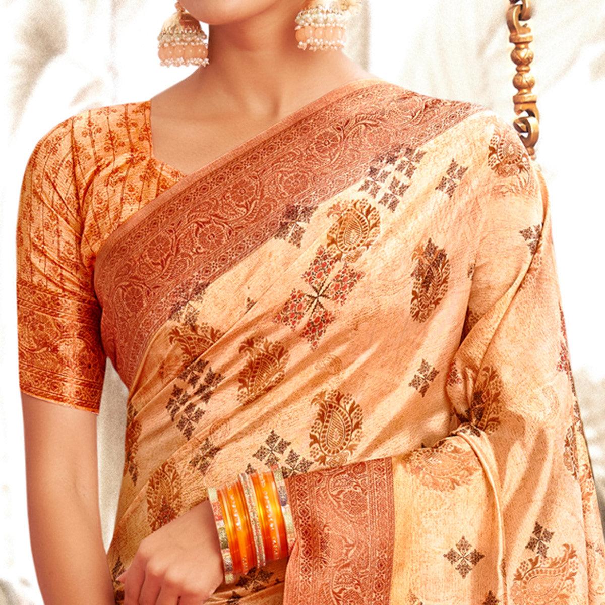 Peach Digital Printed Art Silk Saree With Tassels - Peachmode