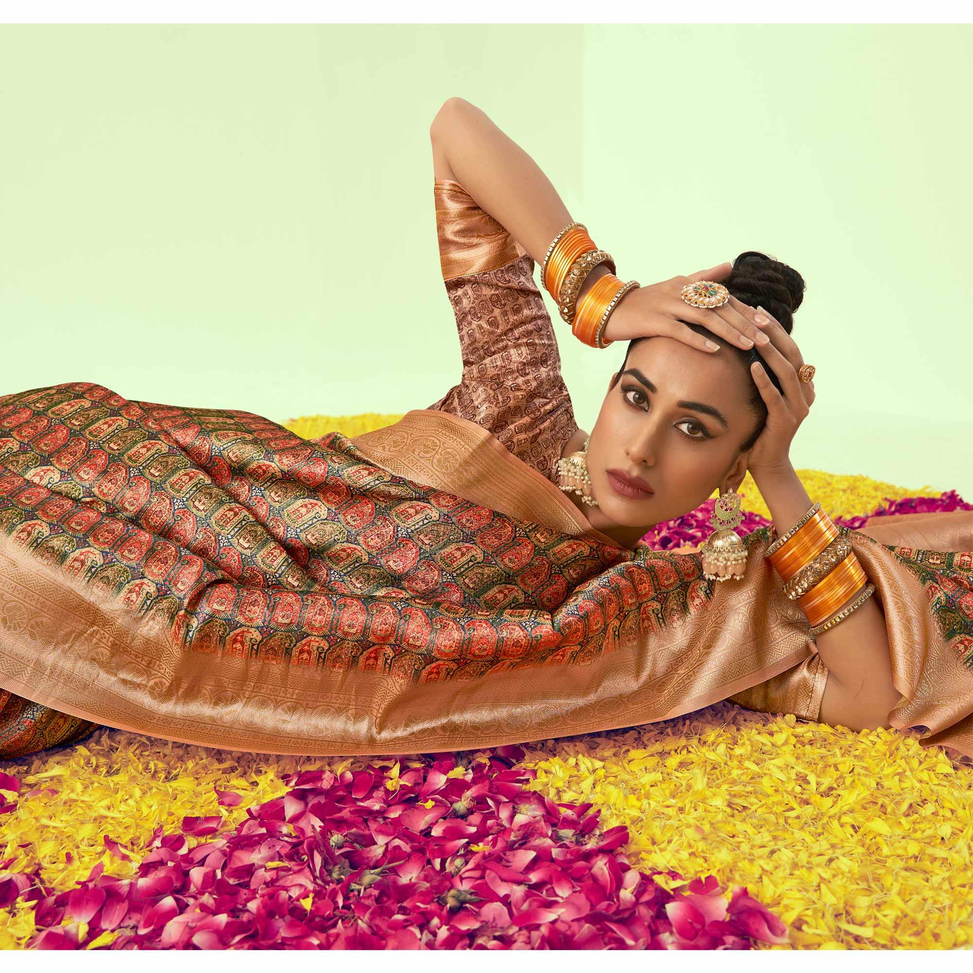 Peach Digital Printed Art Silk Saree With Tassels - Peachmode