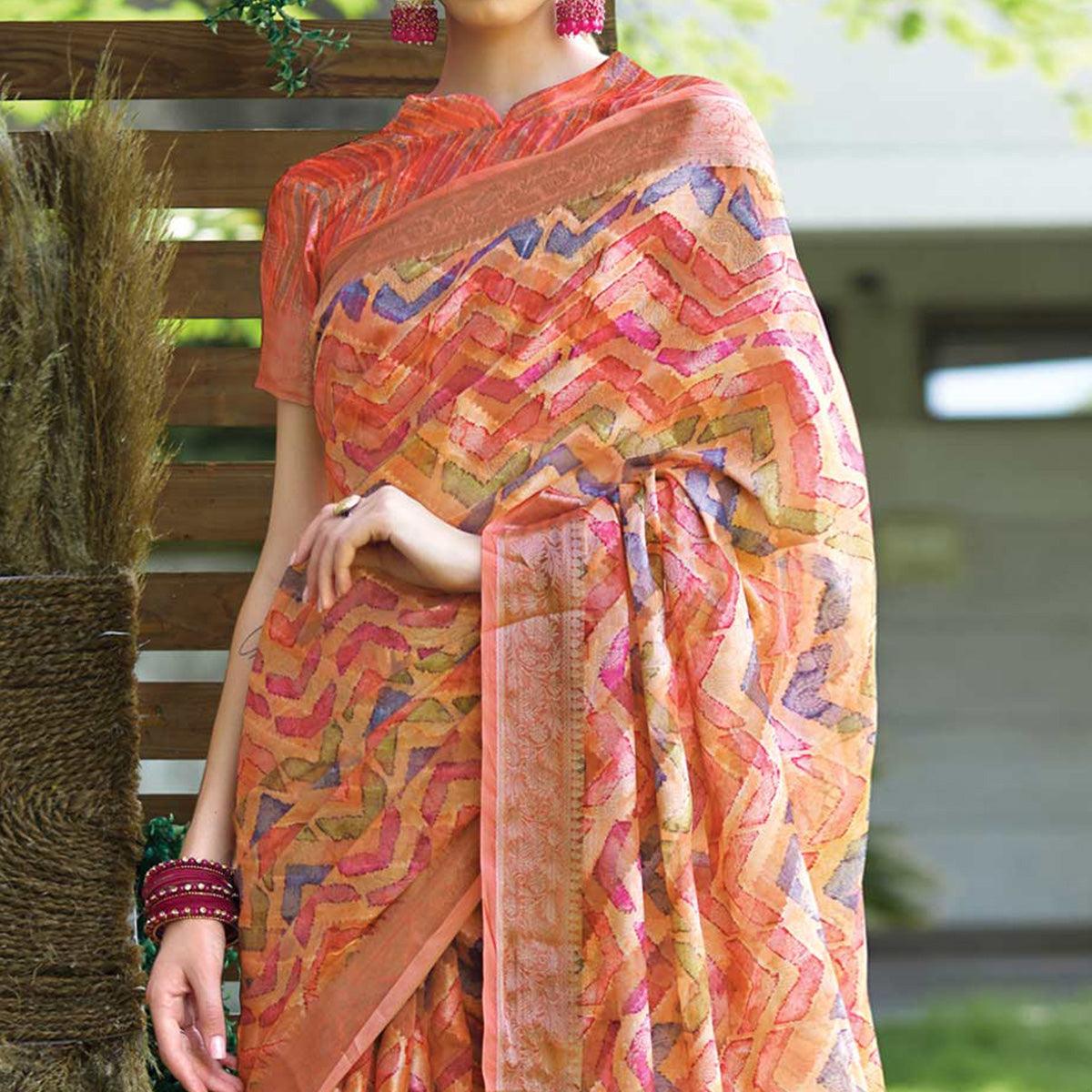 Peach Digital Printed Art Silk Saree With Tassels - Peachmode