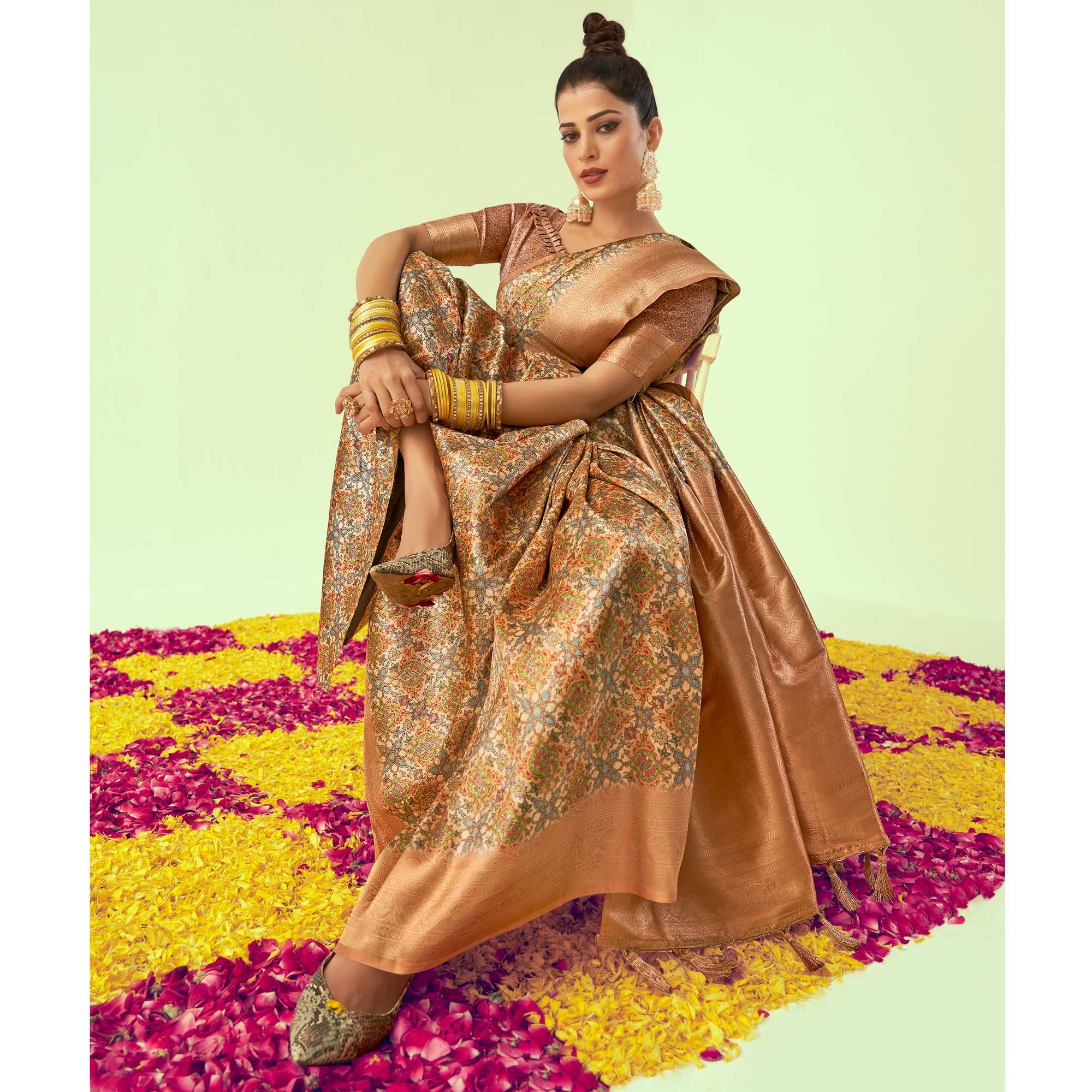 Peach Digital Printed Art Silk Saree With Tassels - Peachmode