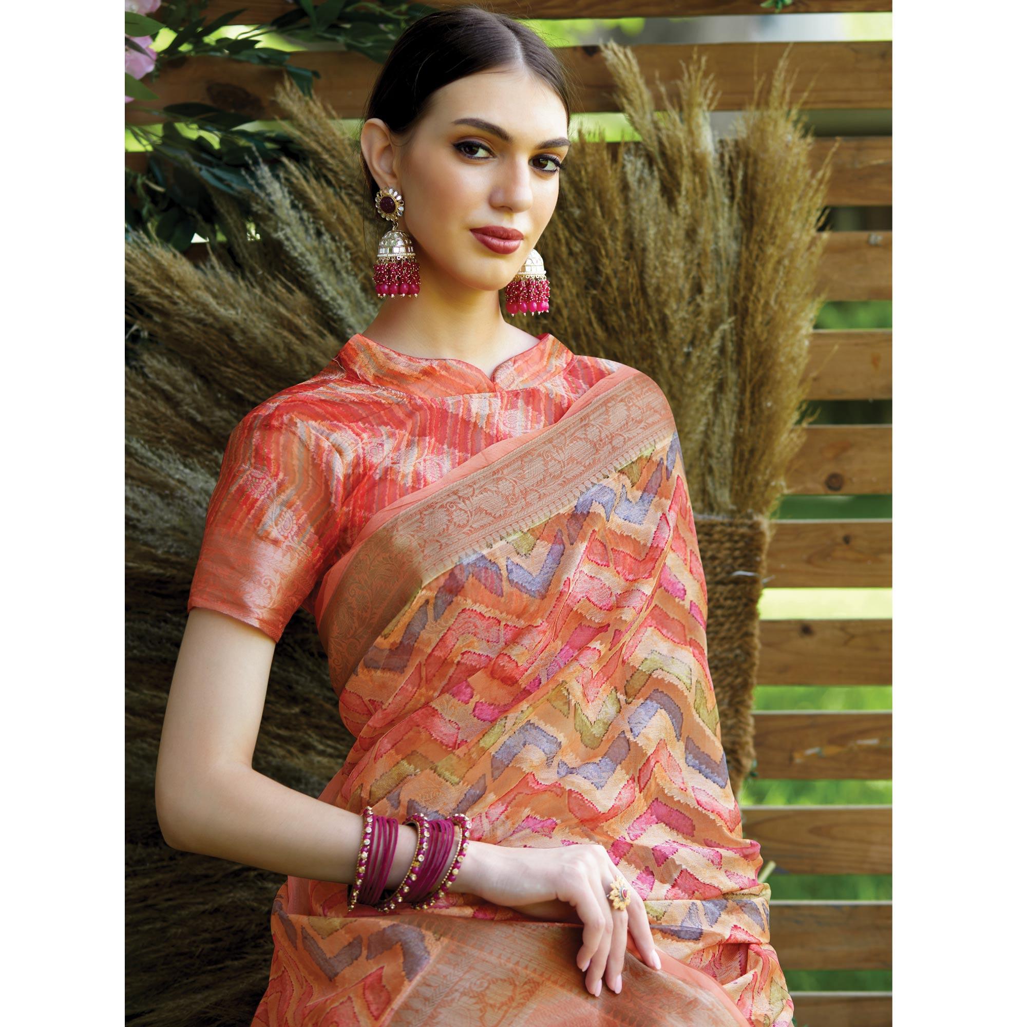 Peach Digital Printed Art Silk Saree With Tassels - Peachmode