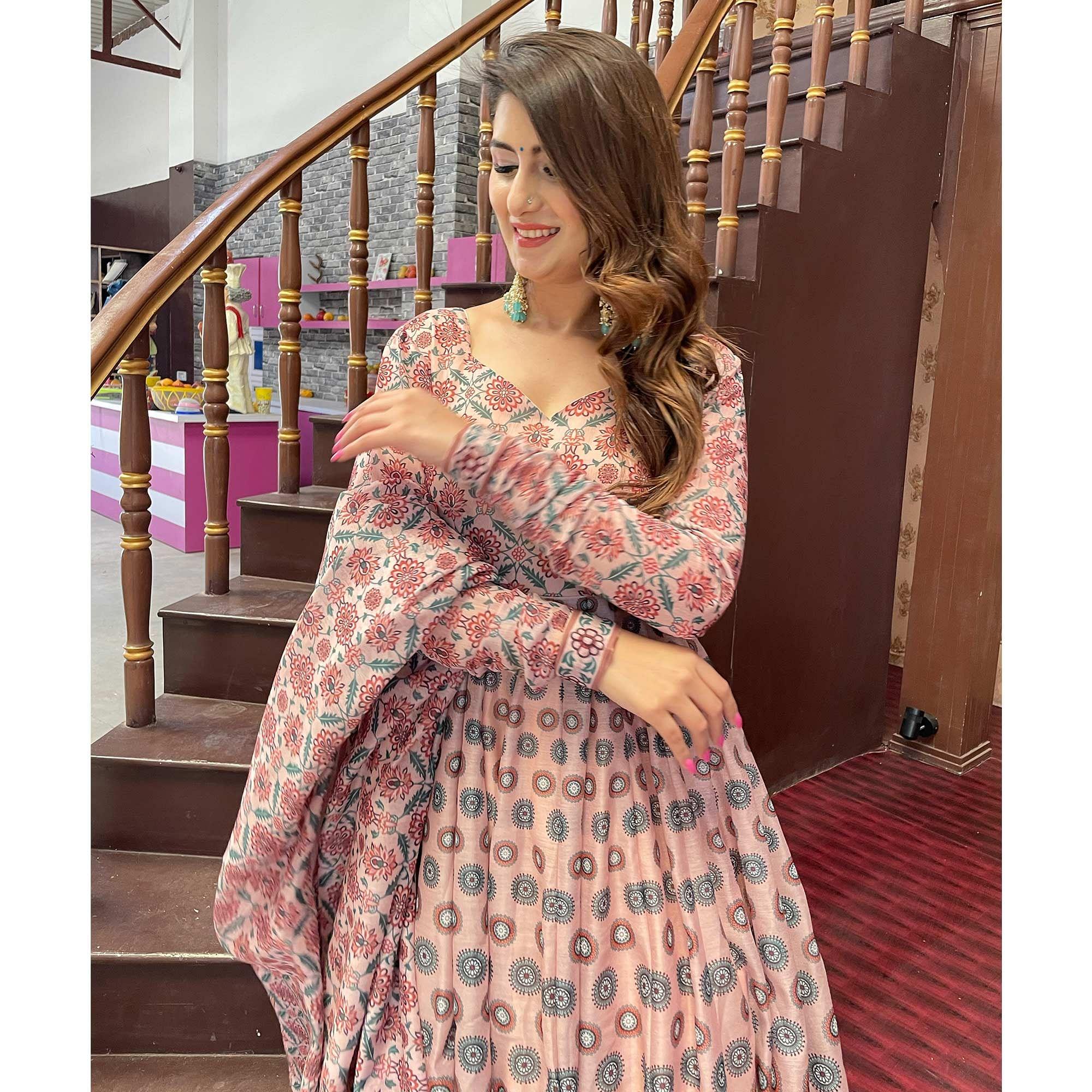 Peach Digital Printed Chanderi Gown - Peachmode