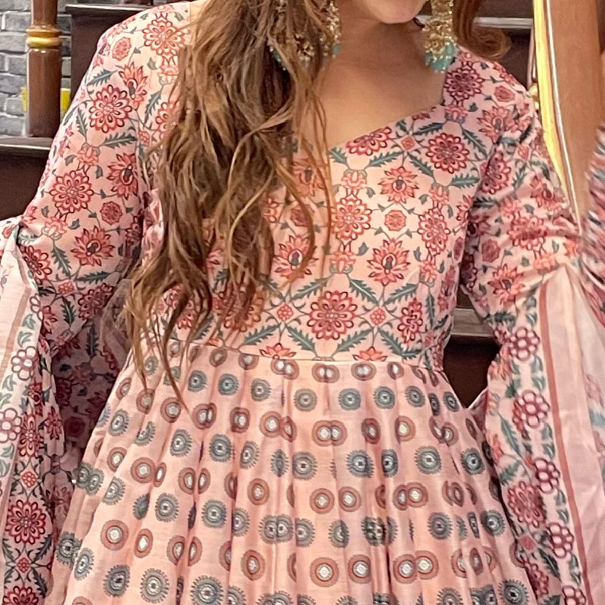 Peach Digital Printed Chanderi Gown - Peachmode