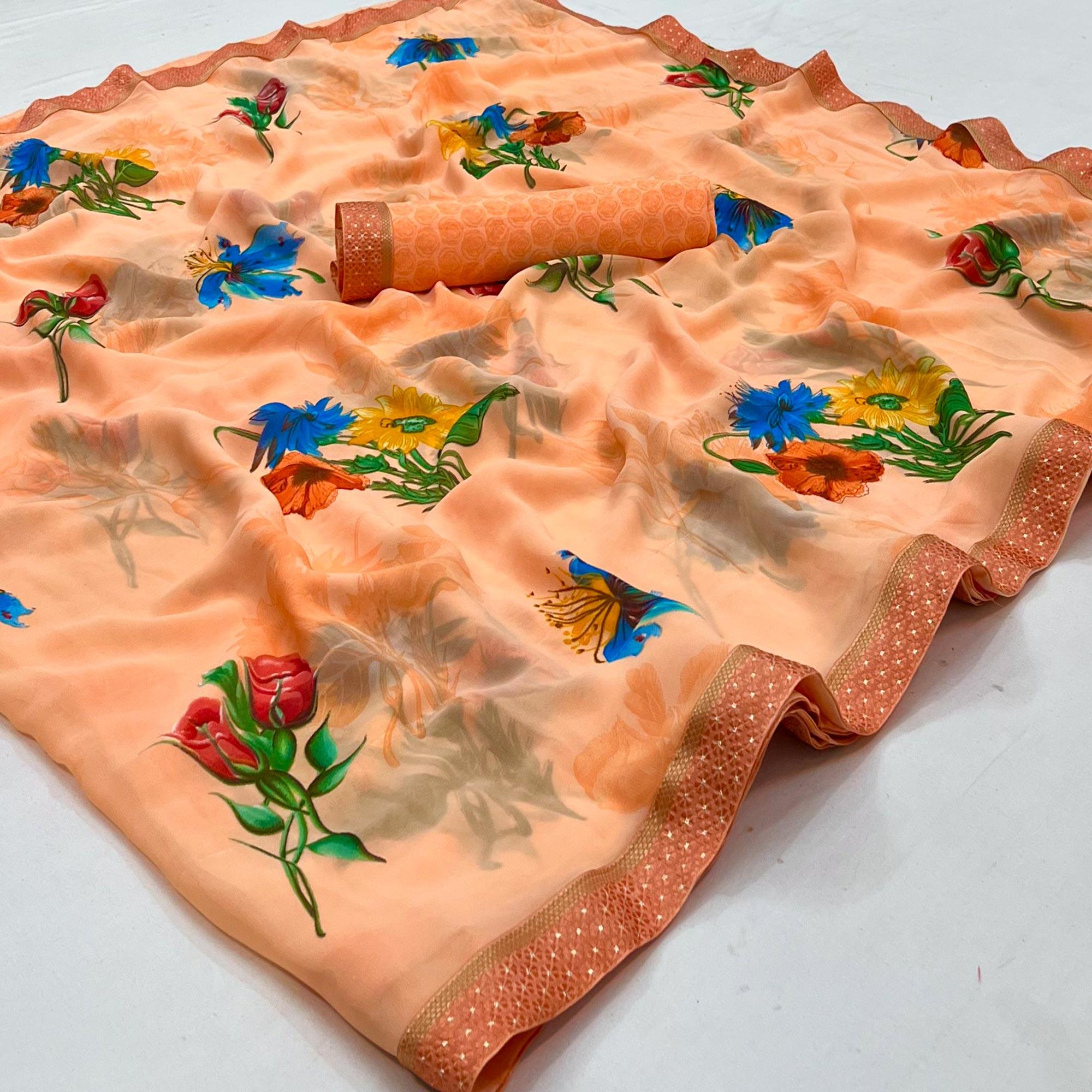 Peach Digital Printed Georgette Saree - Peachmode