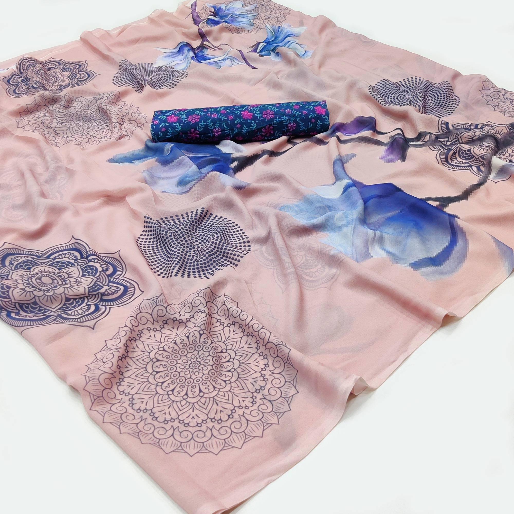 Peach Digital Printed Georgette Saree - Peachmode