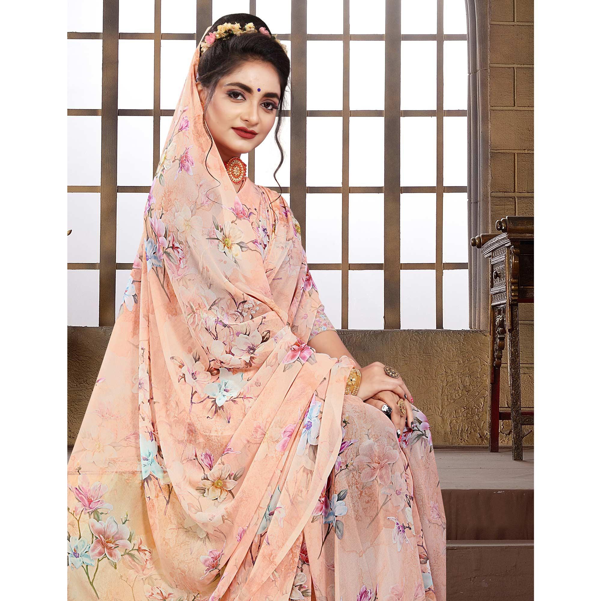 Peach Digital Printed Georgette Saree - Peachmode
