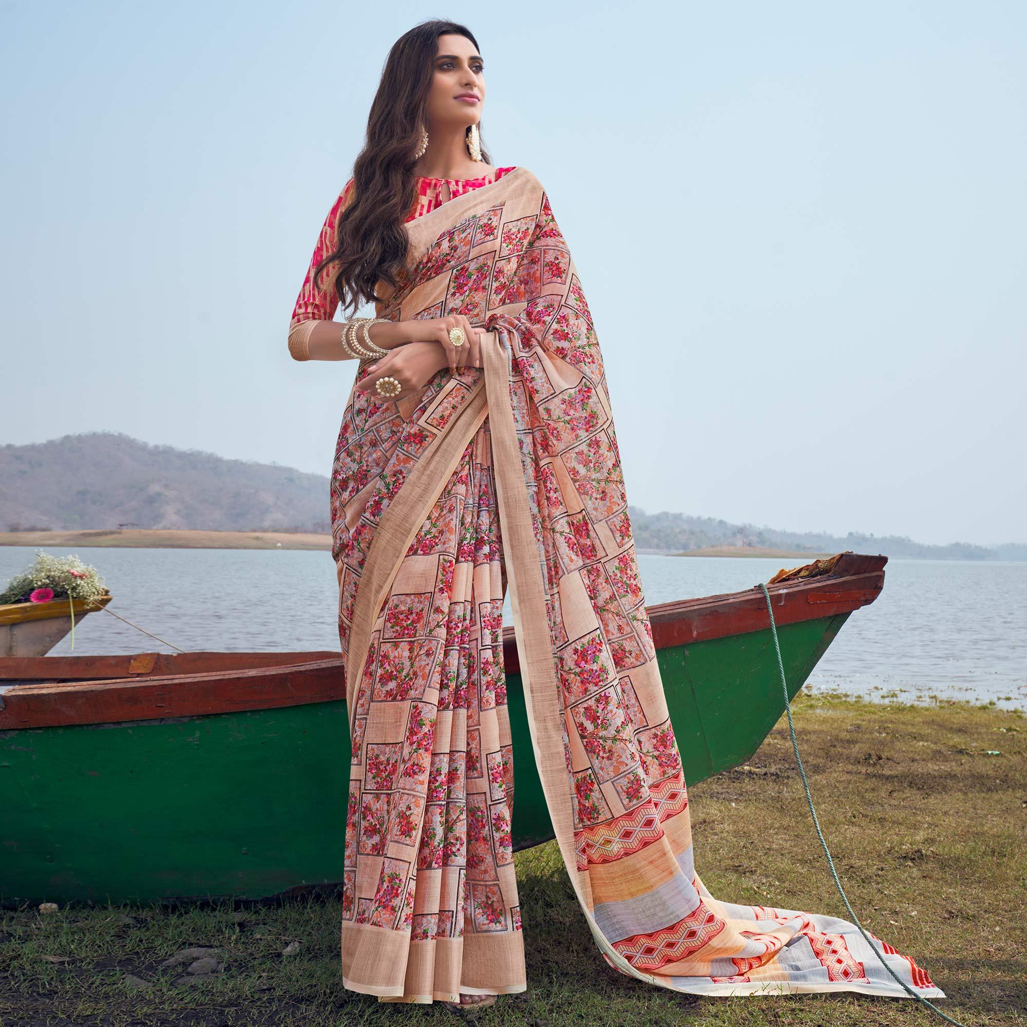 Peach Digital Printed Linen Saree - Peachmode