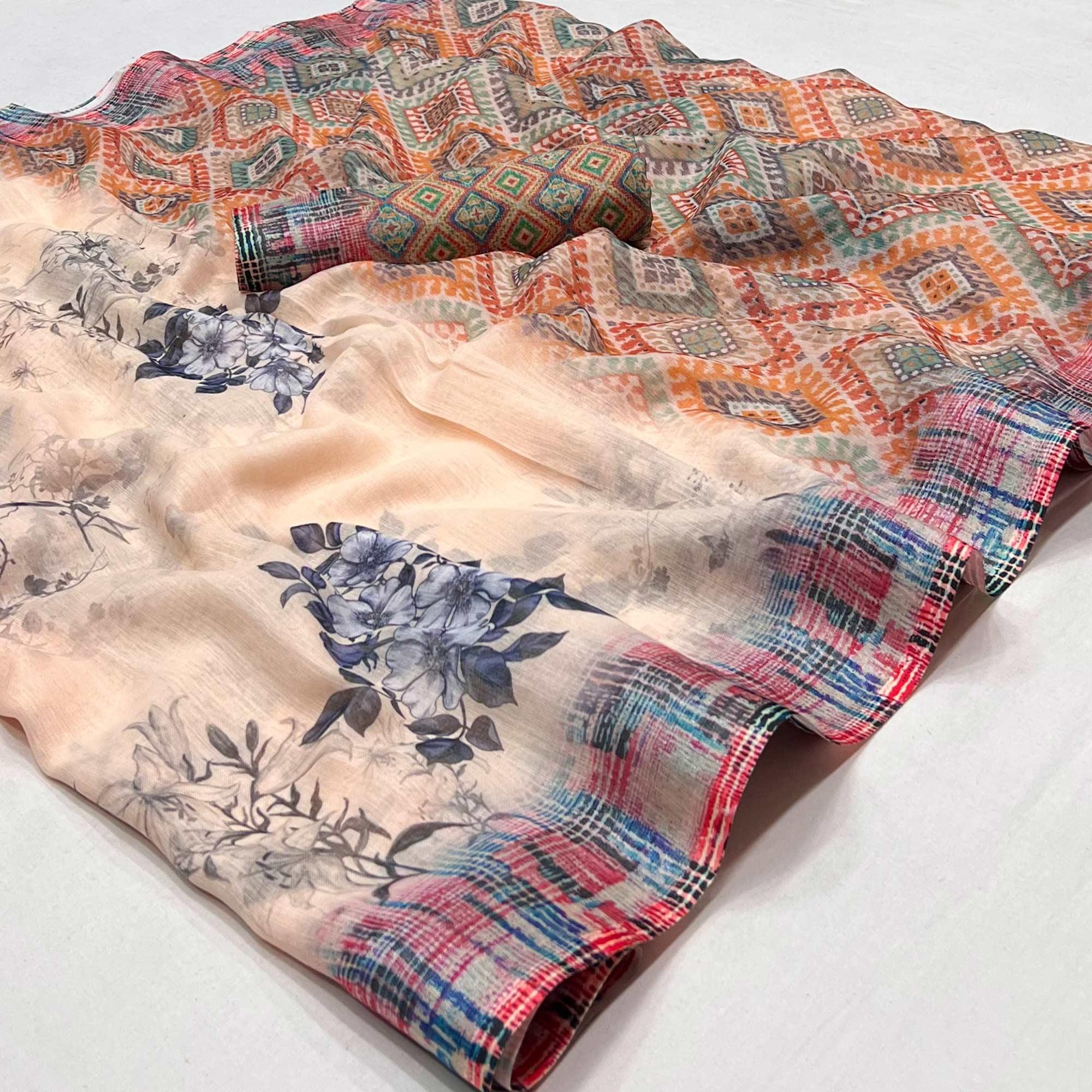 Peach Digital Printed Linen Saree - Peachmode