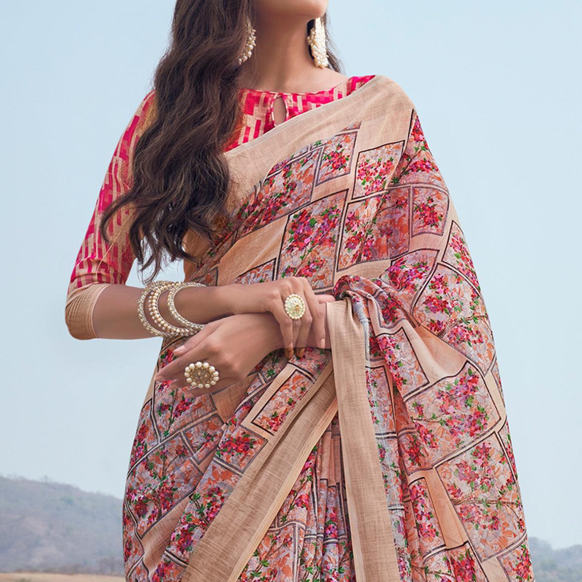 Peach Digital Printed Linen Saree - Peachmode