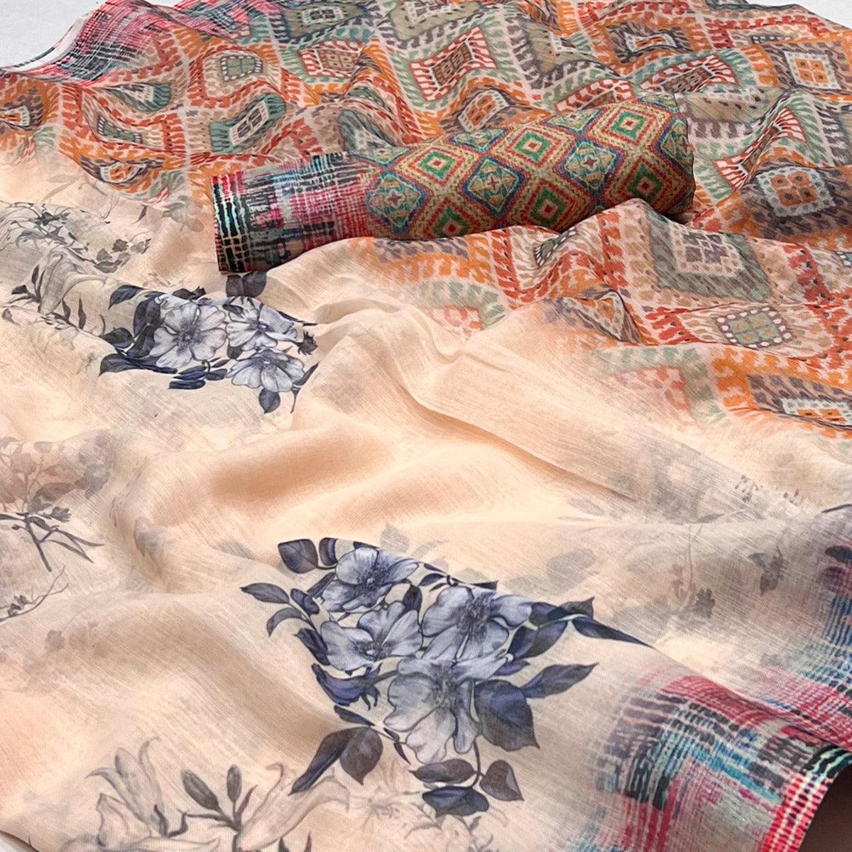 Peach Digital Printed Linen Saree - Peachmode