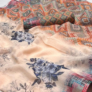 Peach Digital Printed Linen Saree - Peachmode