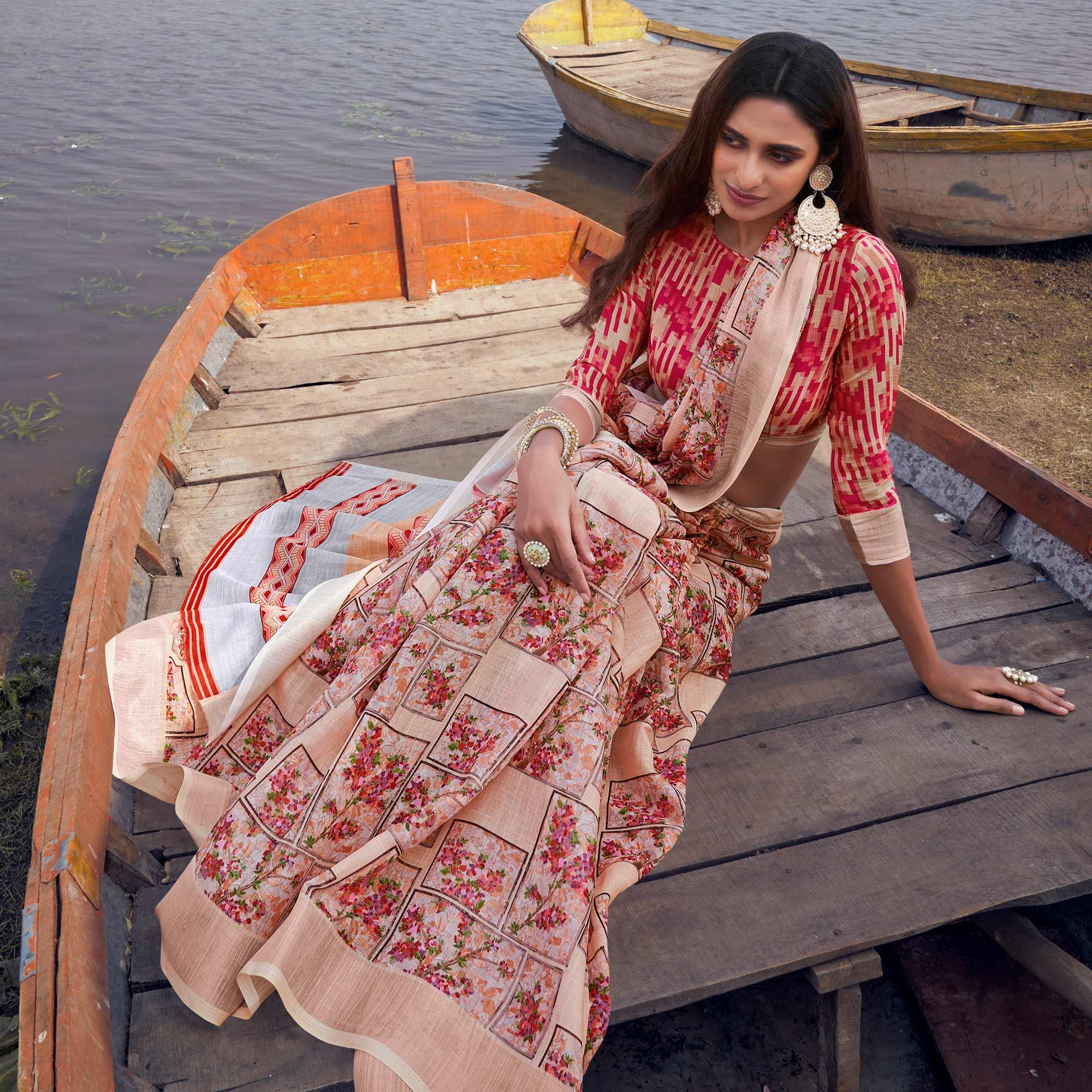 Peach Digital Printed Linen Saree - Peachmode