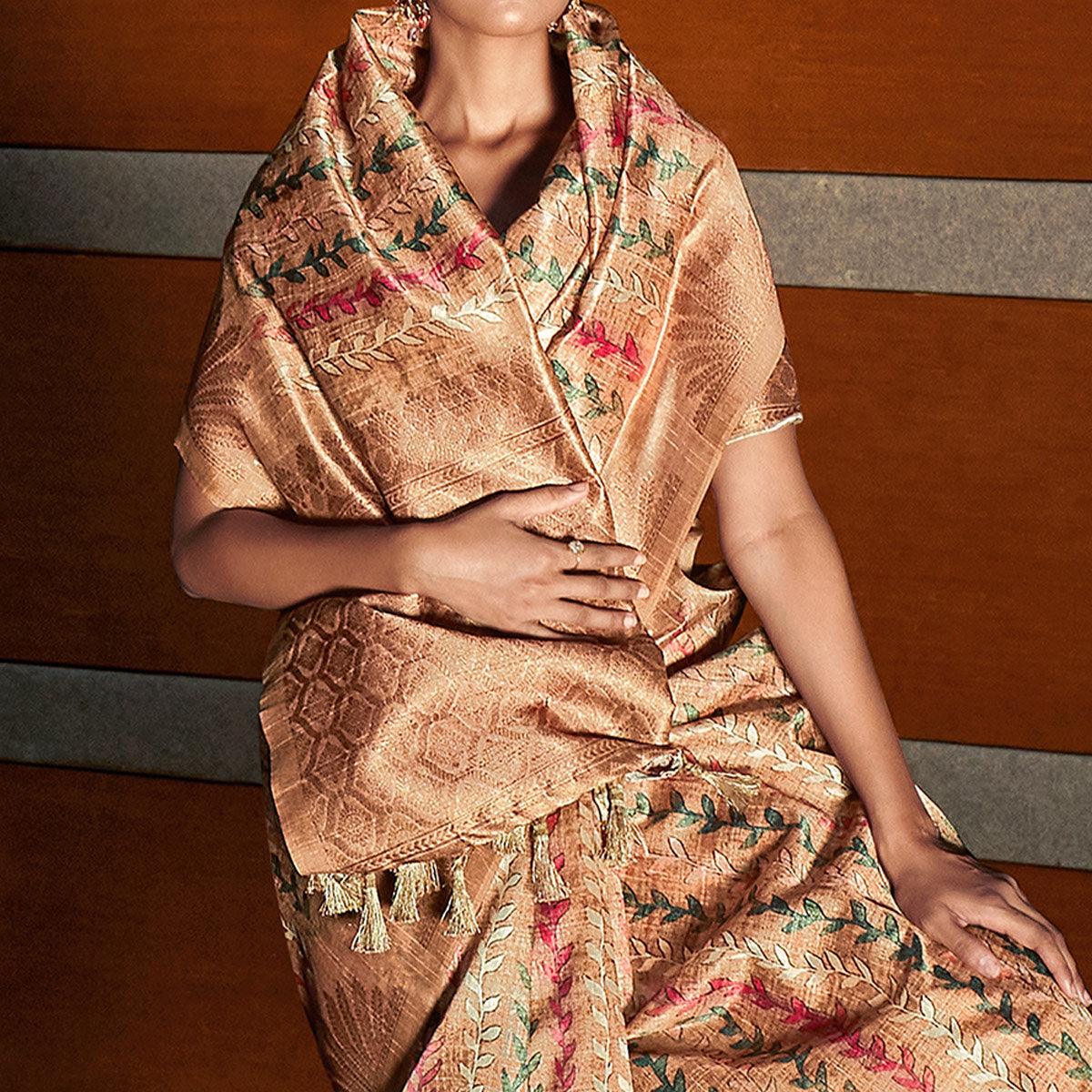 Peach digital Printed Raw Silk Saree With Tassels - Peachmode