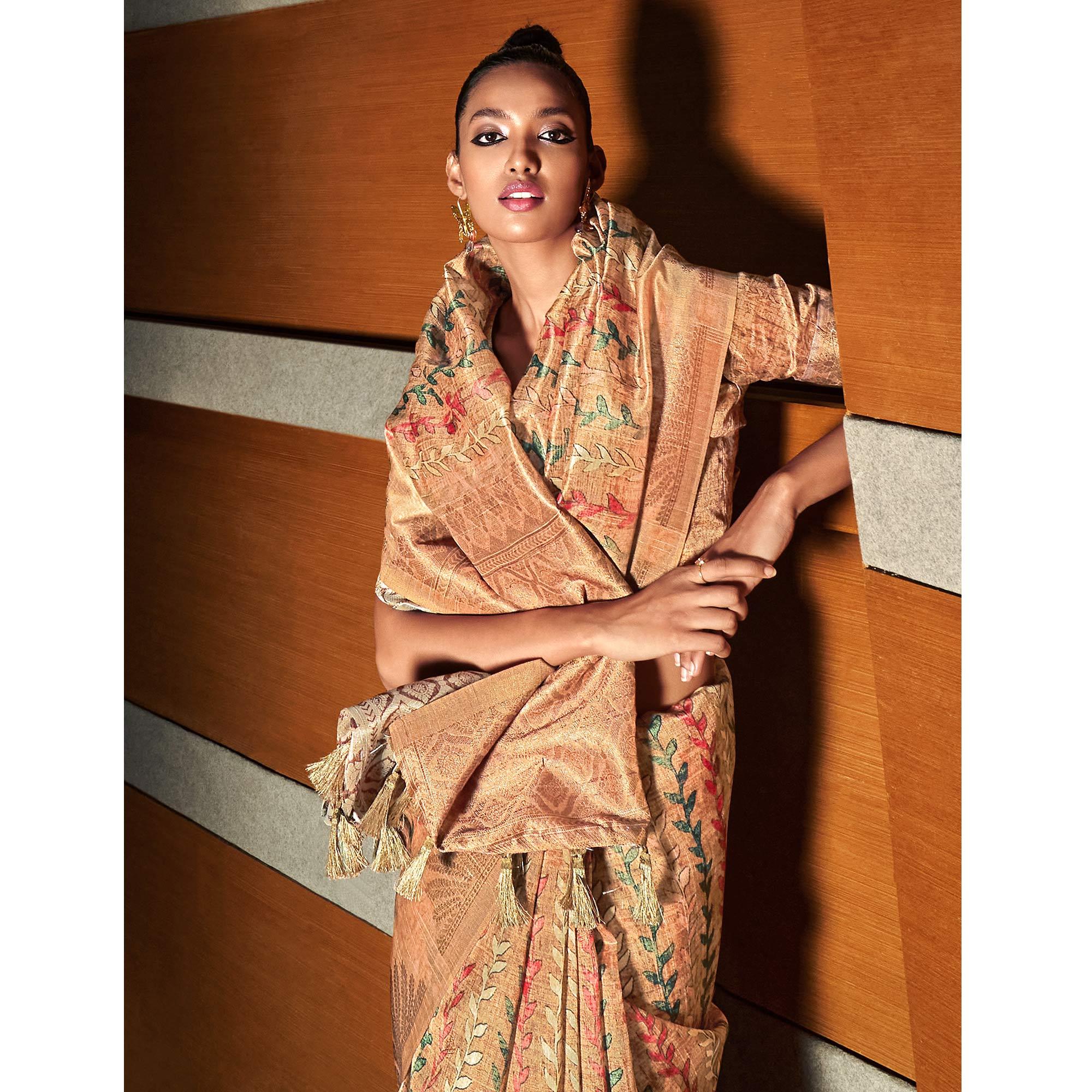 Peach digital Printed Raw Silk Saree With Tassels - Peachmode