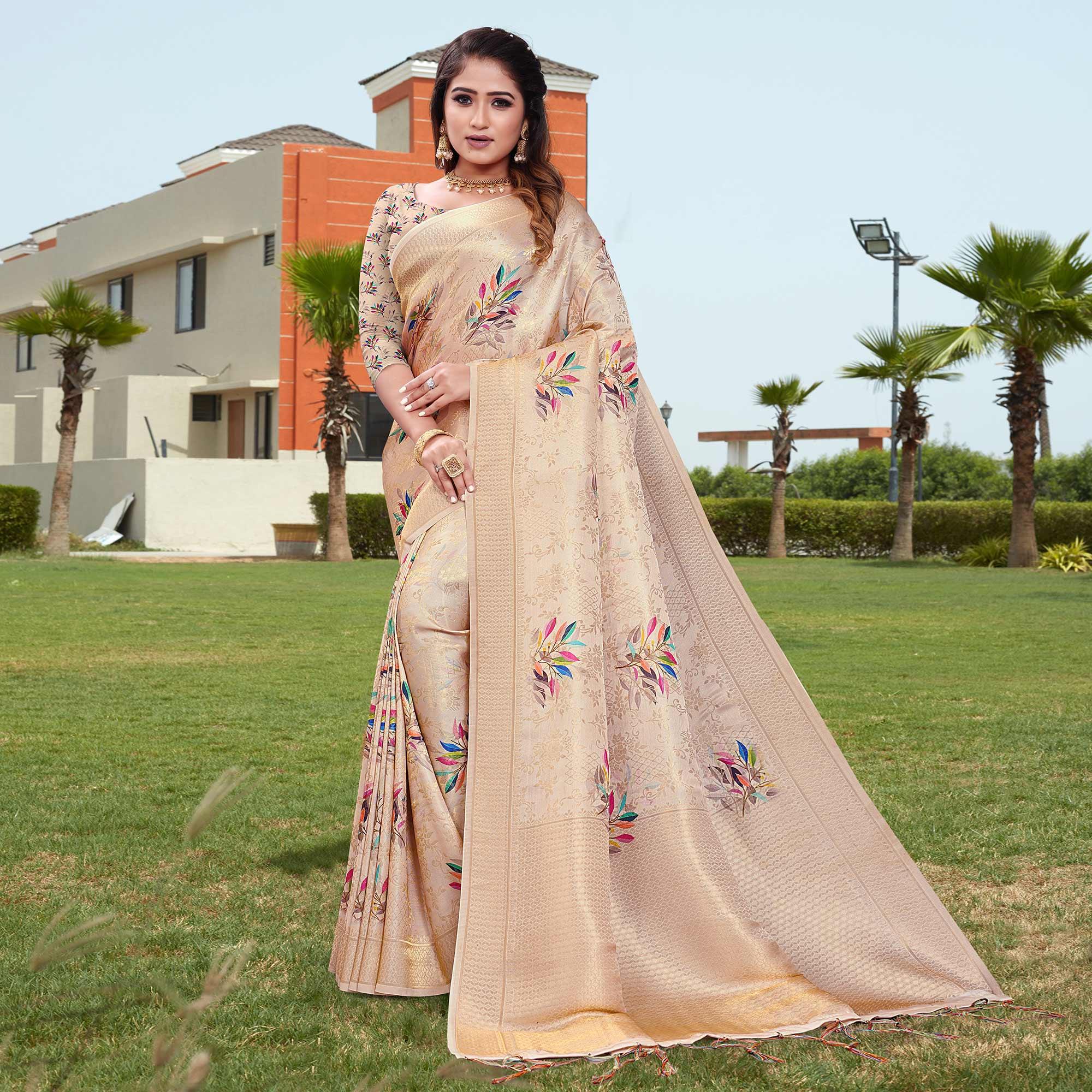 Peach Digital Printed With Woven Art Silk Saree With Tassels - Peachmode