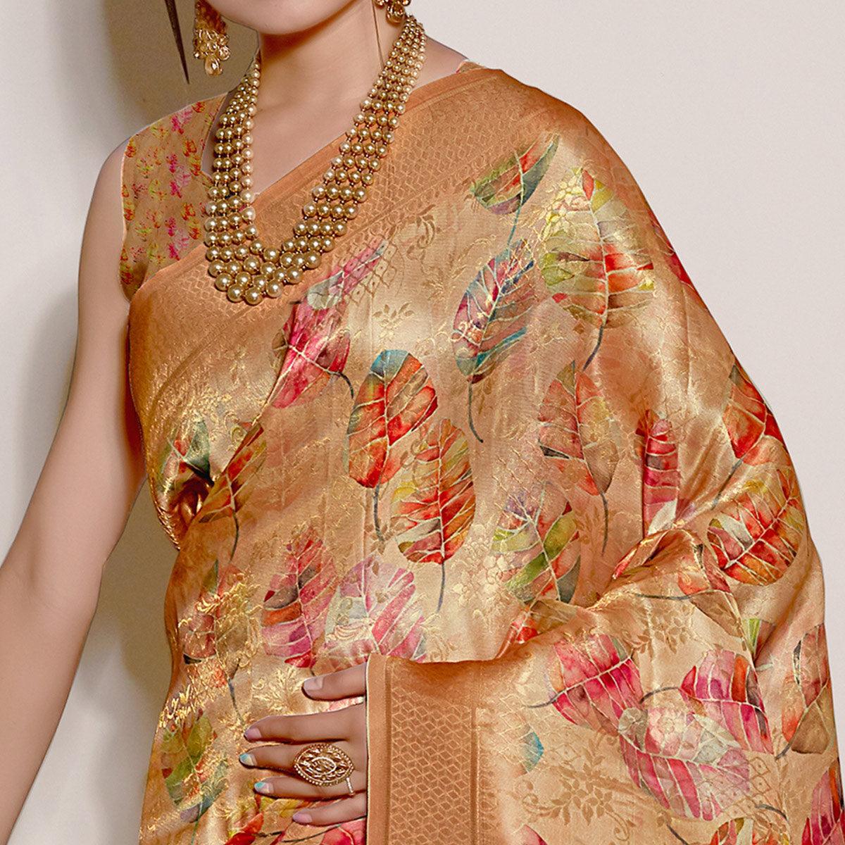 Peach Digital Printed With Woven Art Silk Saree With Tassels - Peachmode