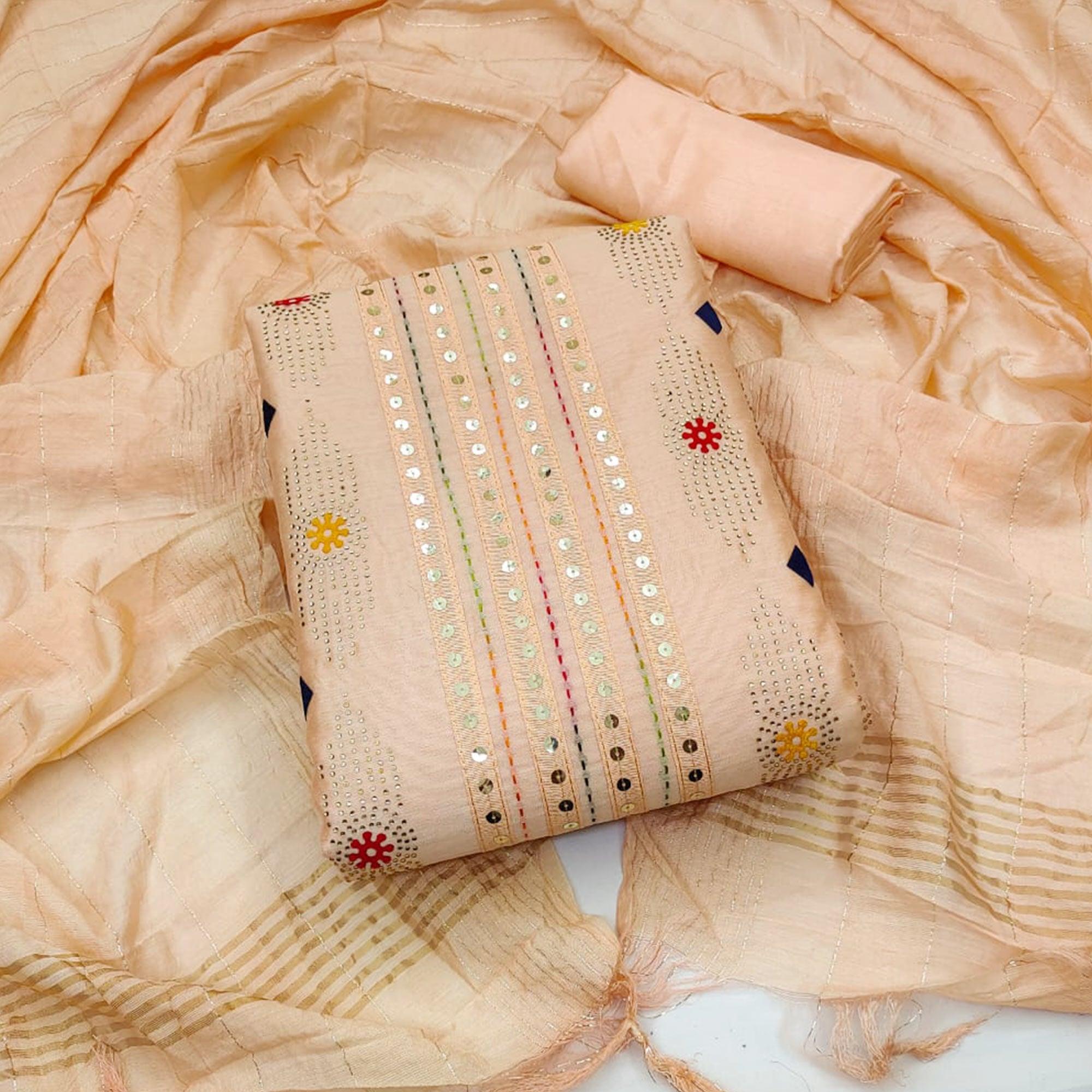 Peach Embellished Chanderi Dress Material - Peachmode