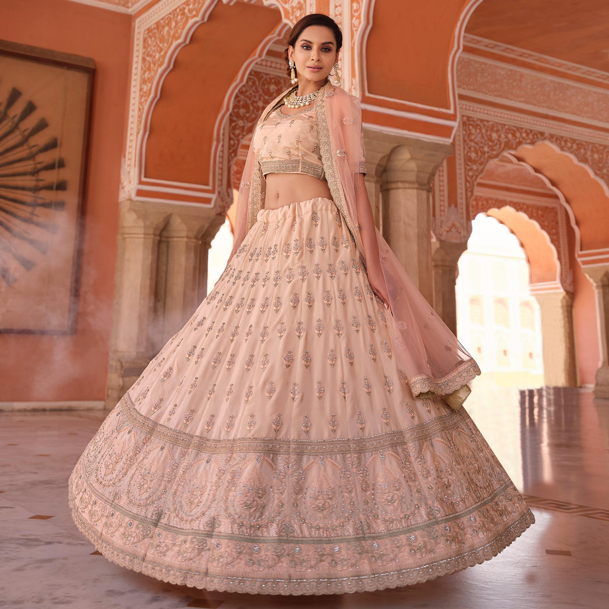Peach Embellished With Embroidered Art Silk Lehenga Choli - Peachmode