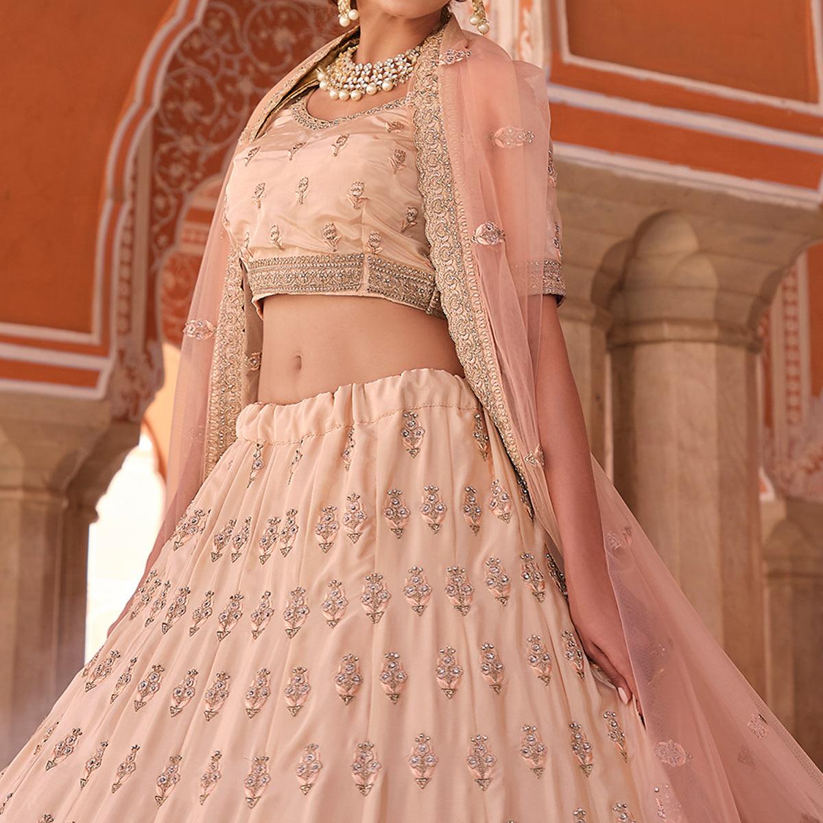 Peach Embellished With Embroidered Art Silk Lehenga Choli - Peachmode