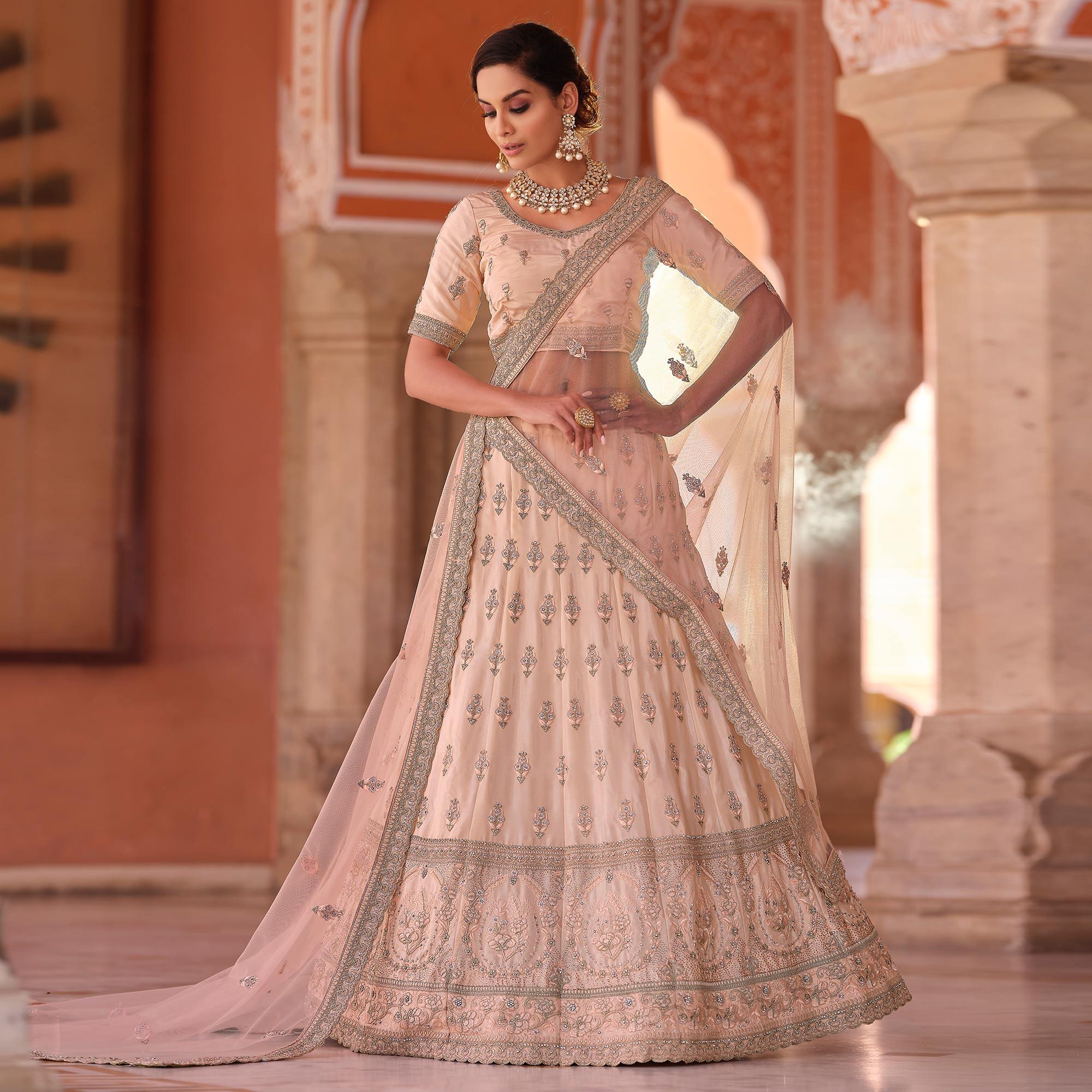 Peach Embellished With Embroidered Art Silk Lehenga Choli - Peachmode