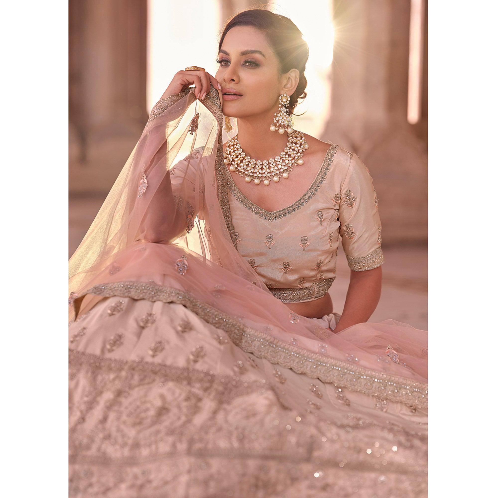 Peach Embellished With Embroidered Art Silk Lehenga Choli - Peachmode