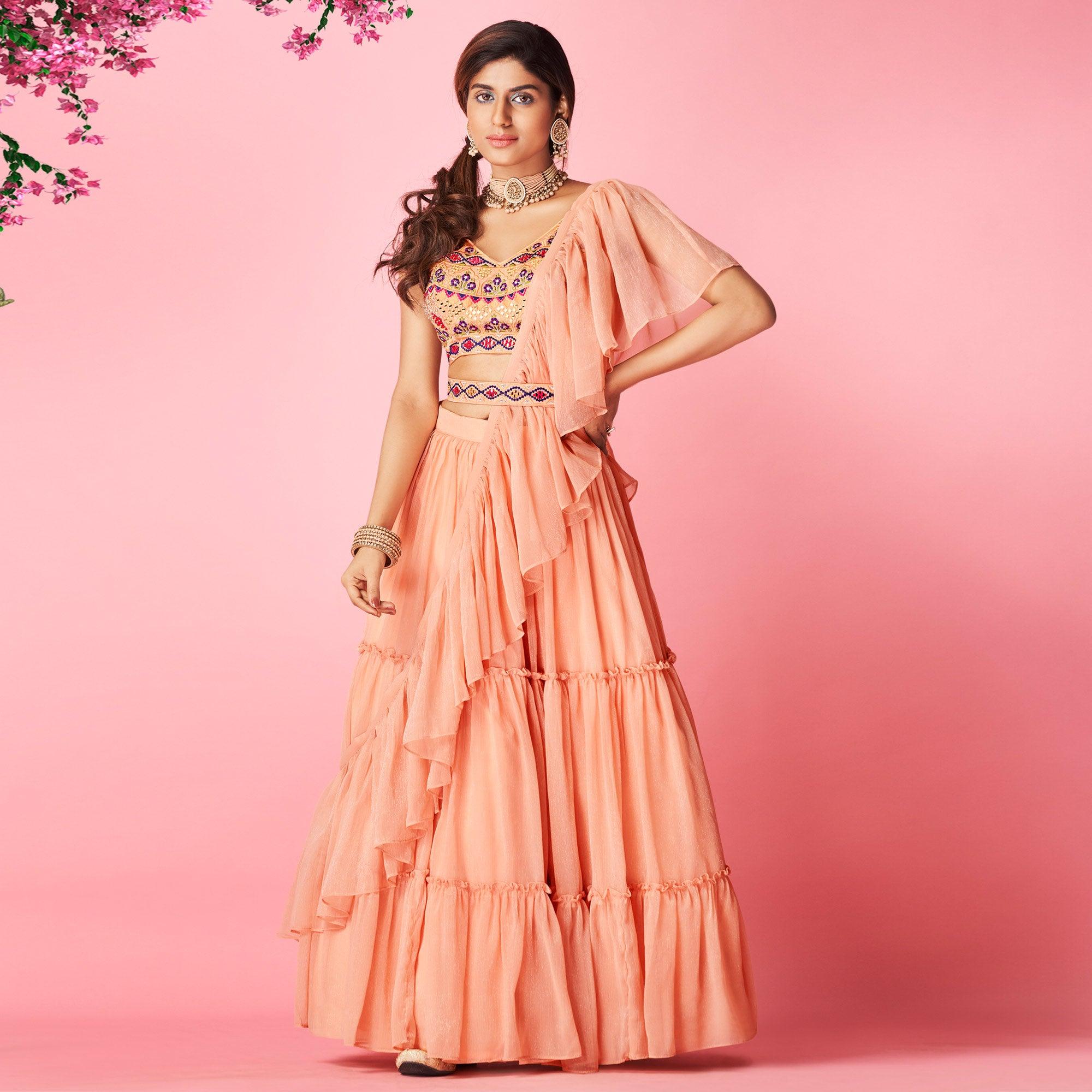 Peach Embellished With Embroidered Chiffon Lehenga Choli - Peachmode