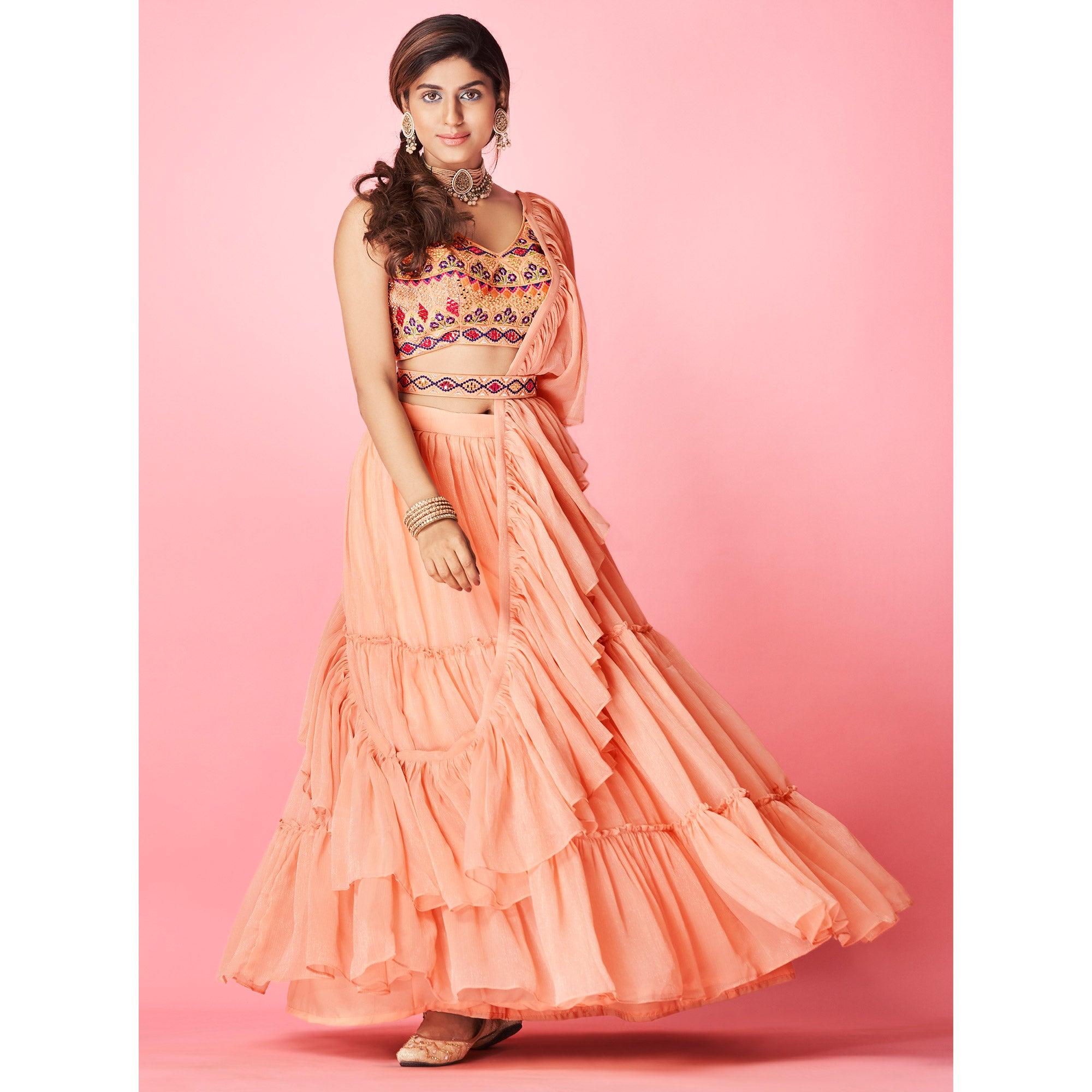 Peach Embellished With Embroidered Chiffon Lehenga Choli - Peachmode