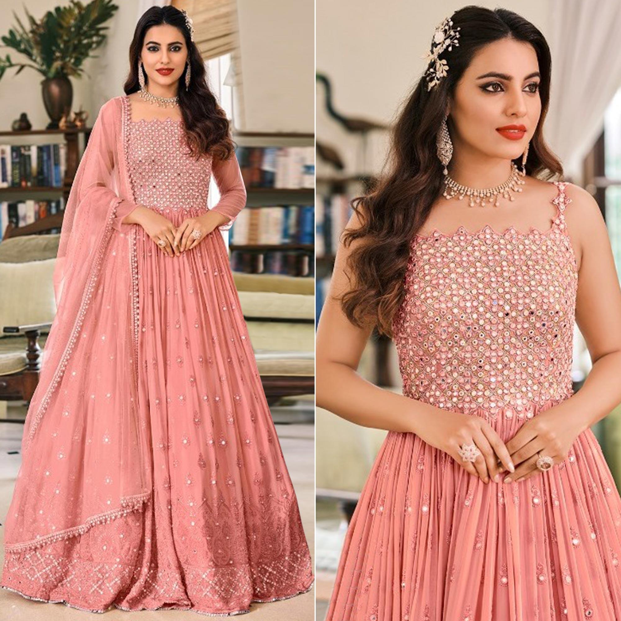 Peach Embellished With Embroidered Georgette Gown - Peachmode