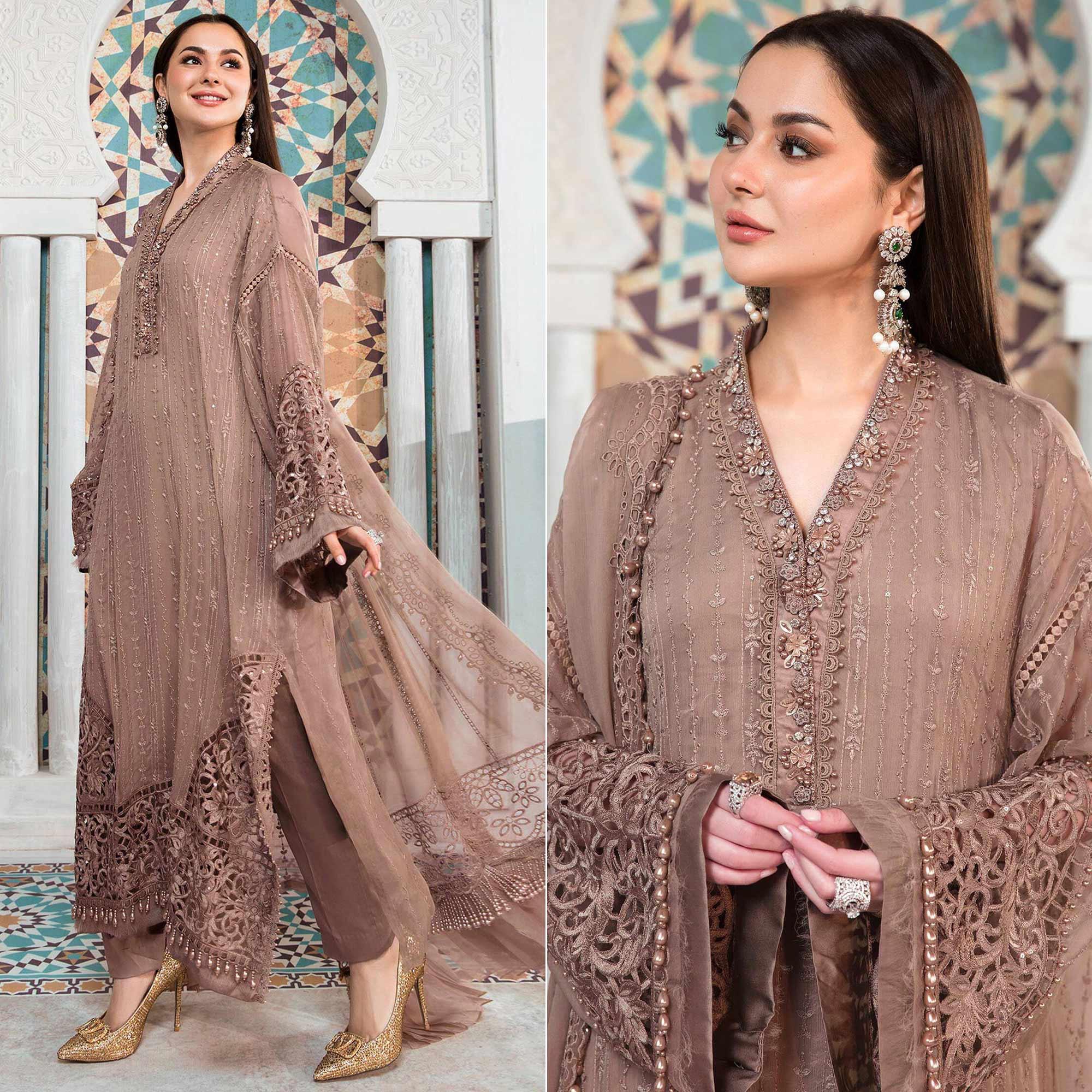 Peach Embellished With Embroidered Georgette Pakistani Suit - Peachmode