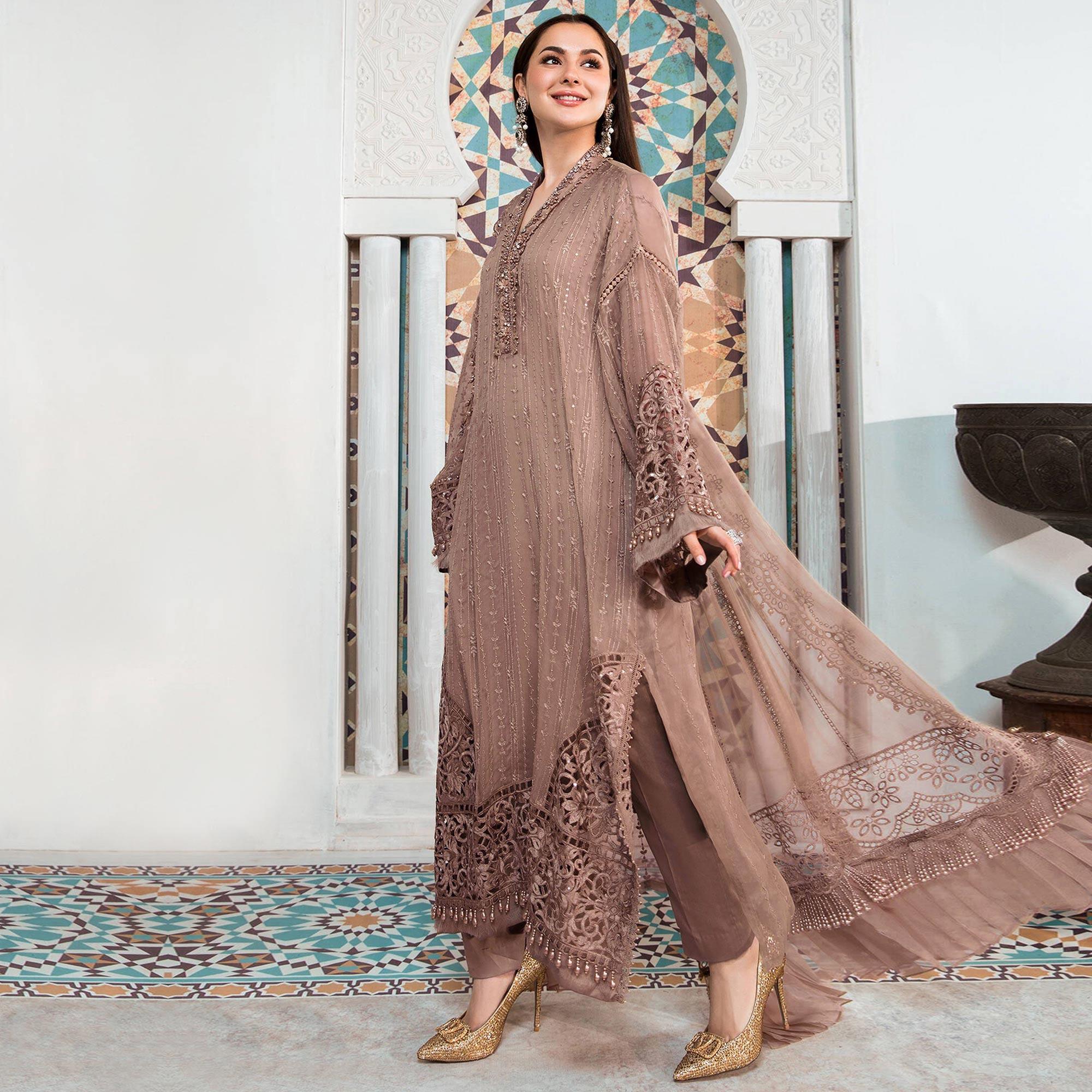 Peach Embellished With Embroidered Georgette Pakistani Suit - Peachmode