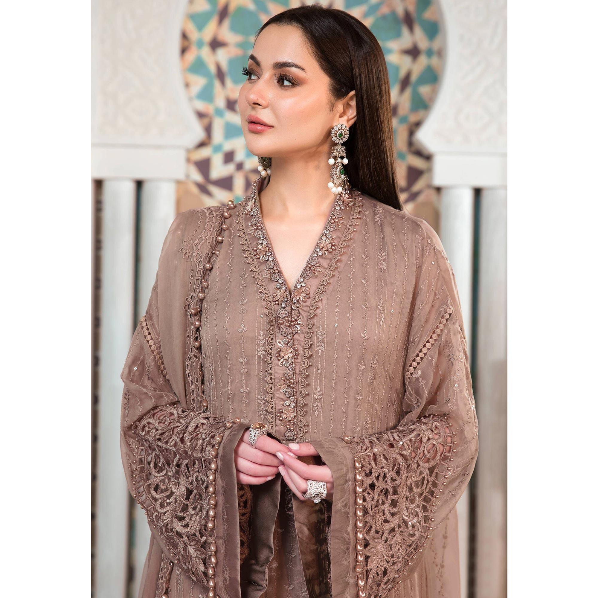 Peach Embellished With Embroidered Georgette Pakistani Suit - Peachmode
