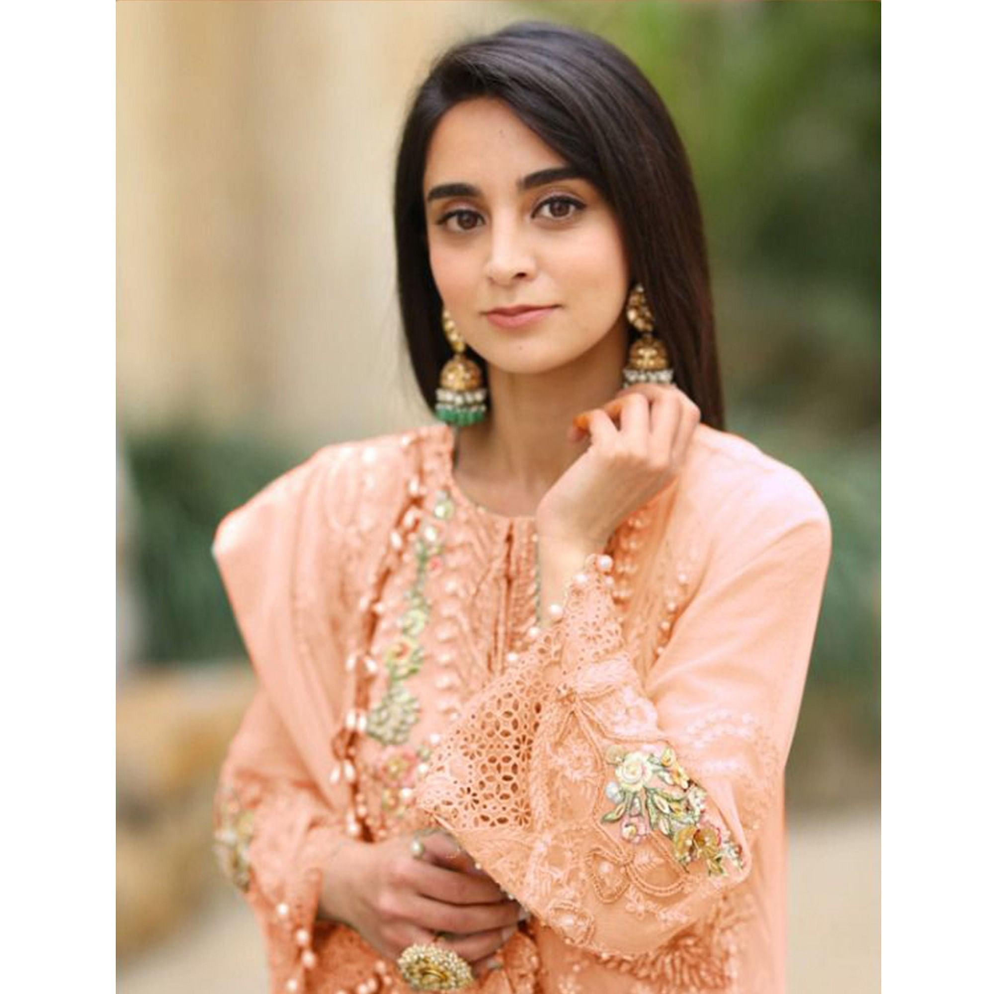 Peach Embellished With Embroidered Georgette Pakistani Suit - Peachmode